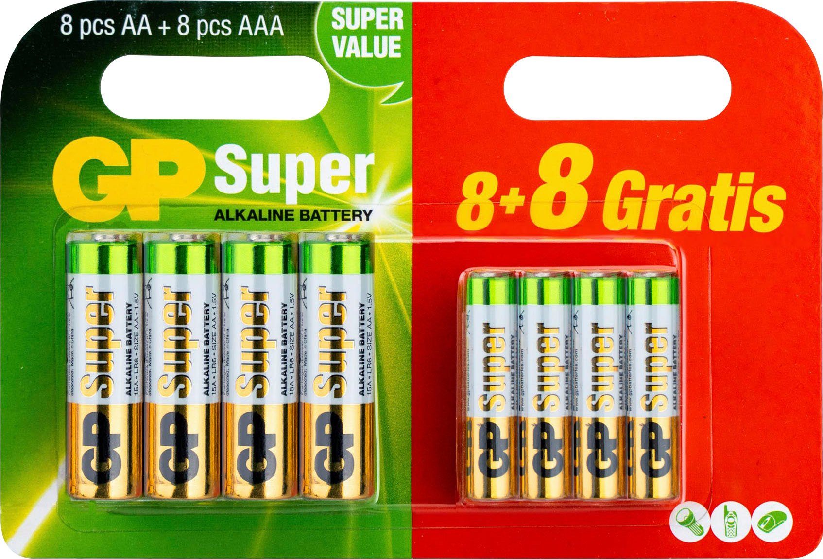 GP Batteries 16er Pack Mix Blister 8 Stck AA & 8 Stck AAA Batterie, LR6  (1,5 V, 16 St)