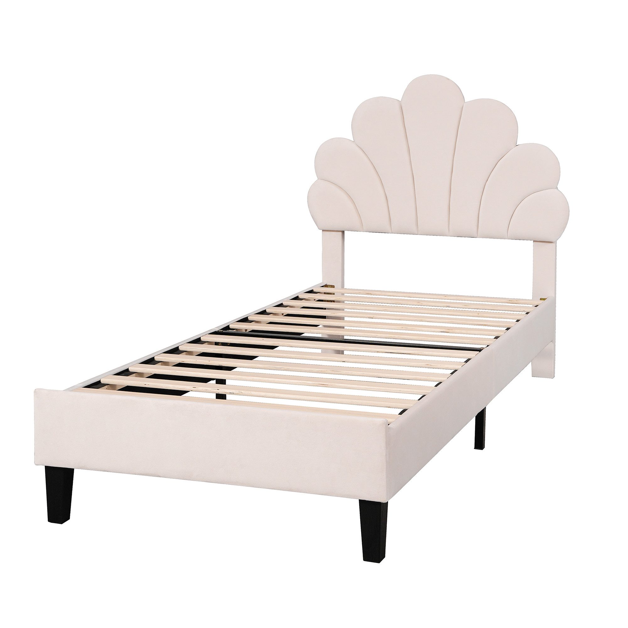 HT Polsterbett Kinderbett 90x200cm, Bettrahmen mit geblümtem Kopfteil und Lattenrost (Gästebett (ohne Matratze), Teenie-Mädchenbett in hautfreundlichem Samtstoff