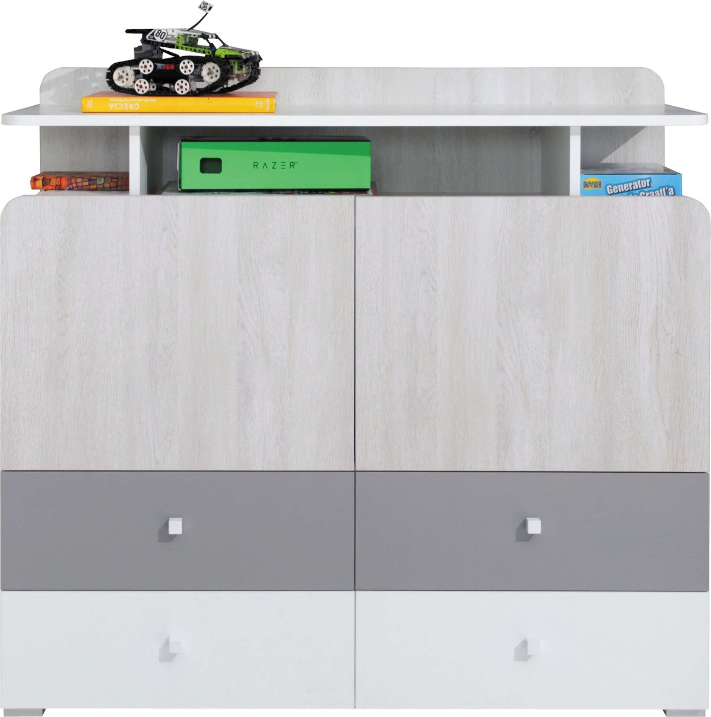 Stylefy Kinderkleiderschrank Rono Weiß Hochglanz Eiche Wilton Weiss Grau (Sideboard, Kinderschrank) mit Schubladen, FSC-Zertifizierung, viel Stauraum, Modern Design