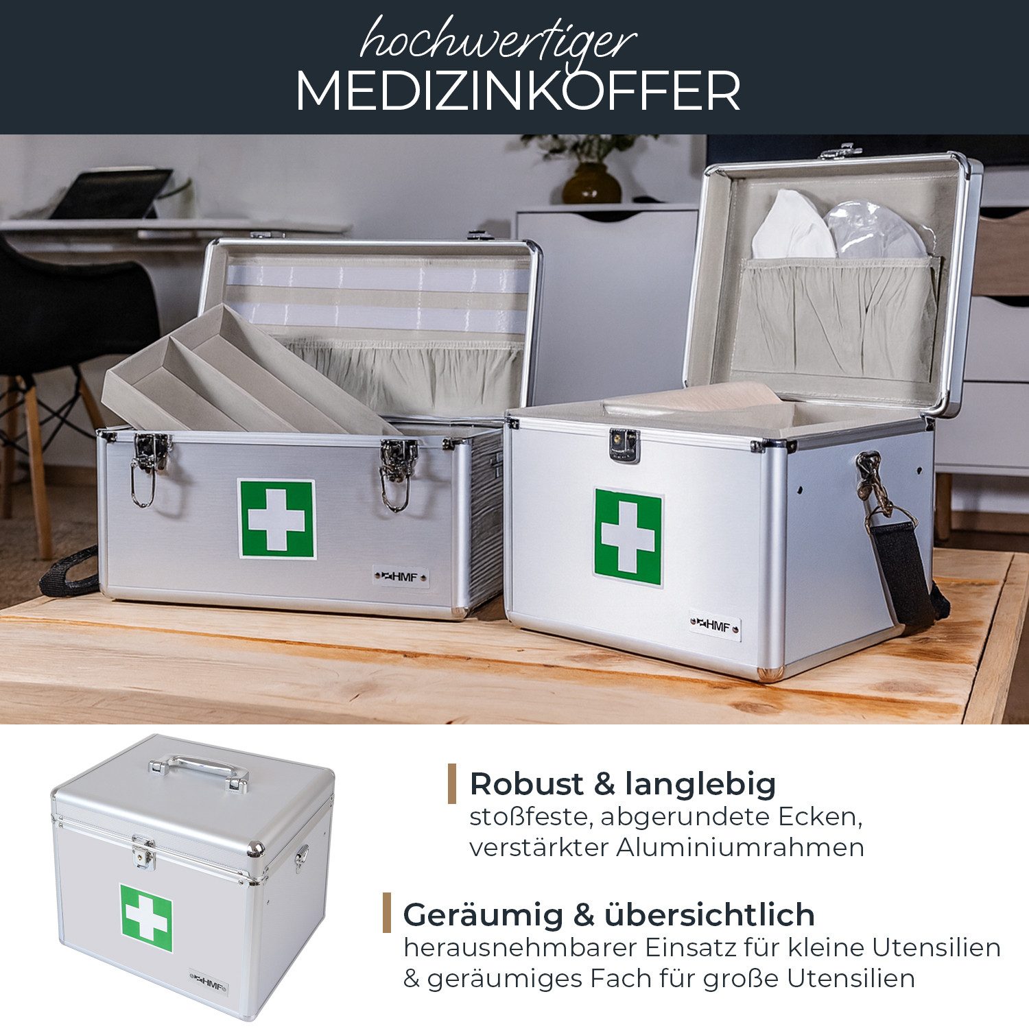 HMF Erste-Hilfe-Koffer Alu Medizinkoffer, Erste Hilfe Koffer, Arztkoffer mit Tragegriff, 30 x 25 x 25 cm – Bild 2 von 5