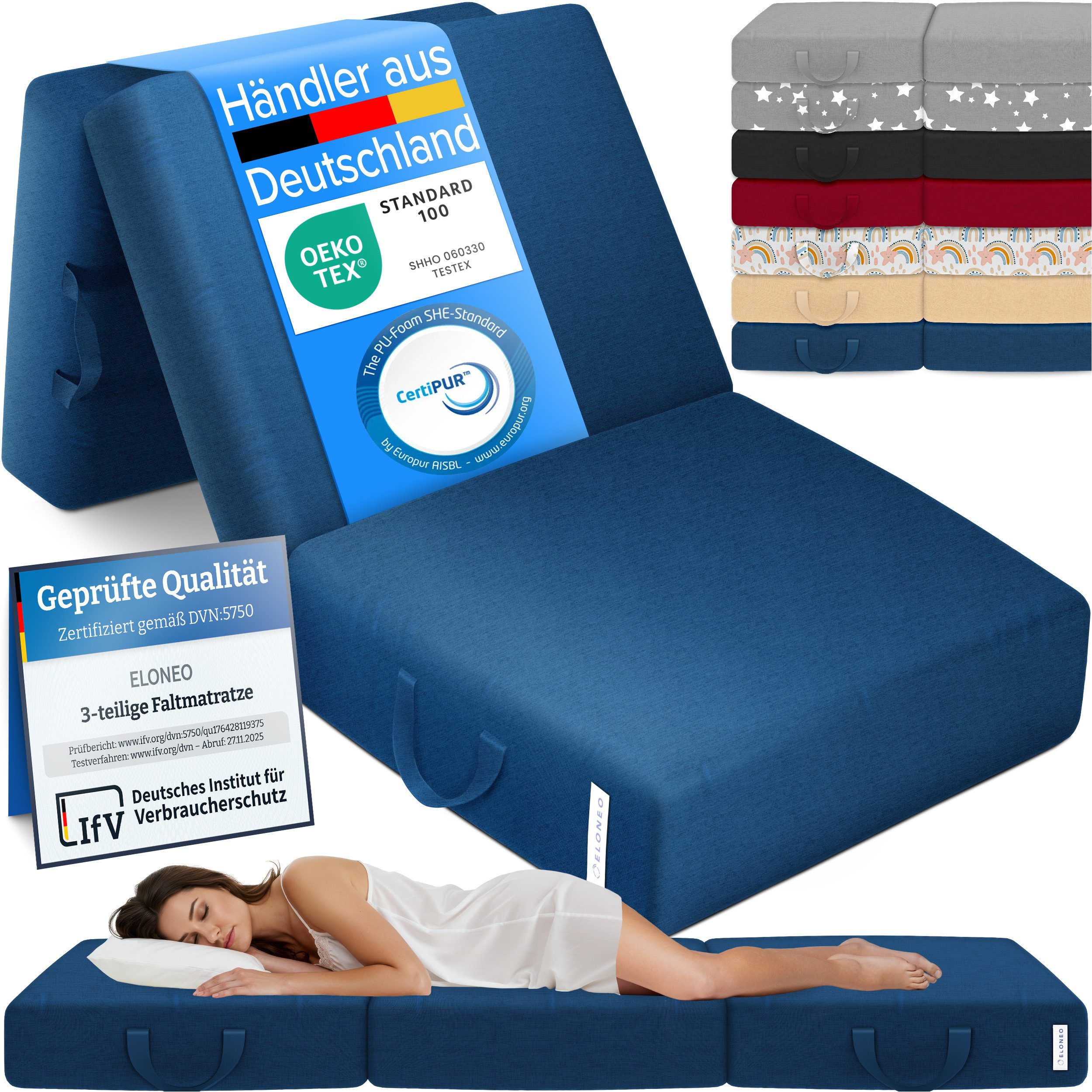 Klappmatratze 3-teilig, Gästematratze mit extra dickem Schaumstoff, ELONEO, 15 cm hoch, waschbarer Bezug, geeignet für Hausstauballergiker, schadstoffgeprüft