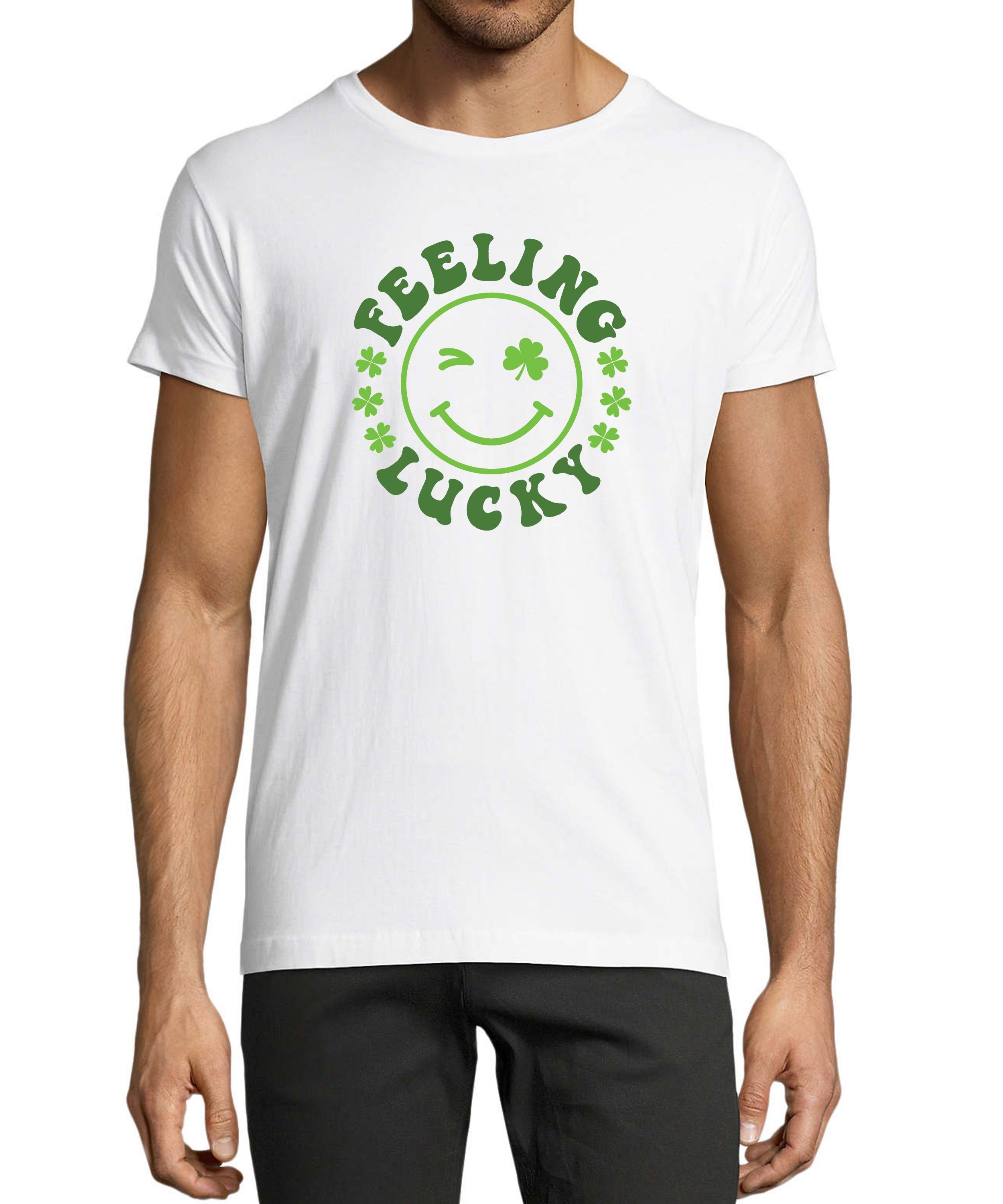 MyDesign24 T-Shirt Herren Smiley Print Shirt - Zwinkernder Smiley mit Kleeblättern Baumwollshirt mit Aufdruck Regular Fit, i295 weiss | T-Shirts