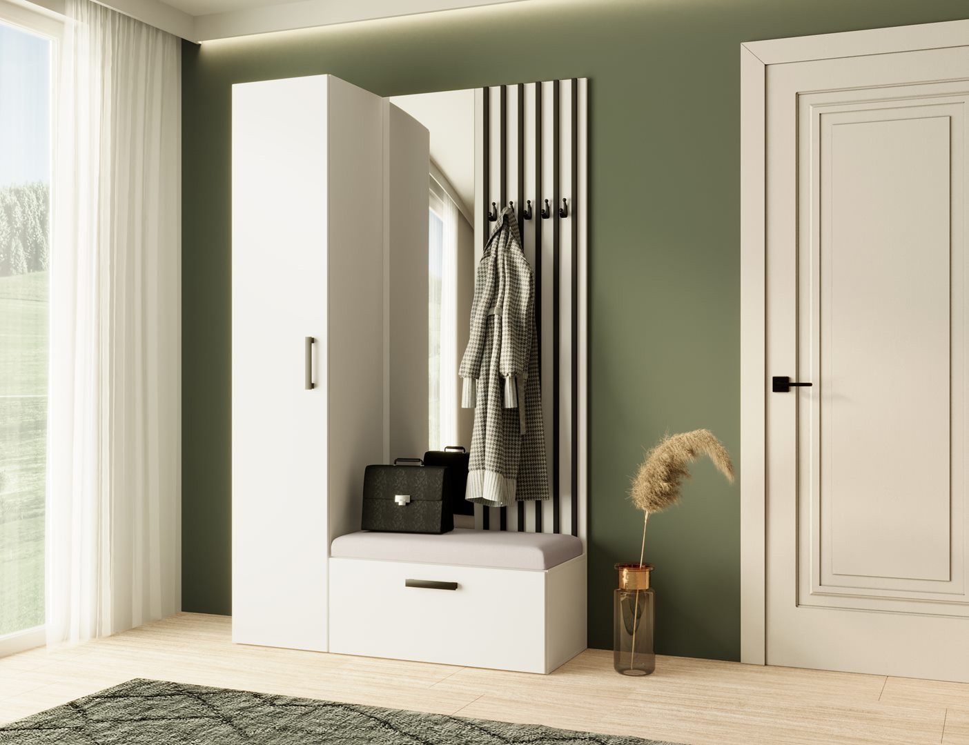 Beautysofa Garderoben-Set MARGARET Flurgarderobe mit Spiegel, (Kleiderschrank, Schuhschrank, Sitzbank, Kleiderstange, Flurmöbel-Set mit Lamellen), verschiedene  – Bild 2 von 5