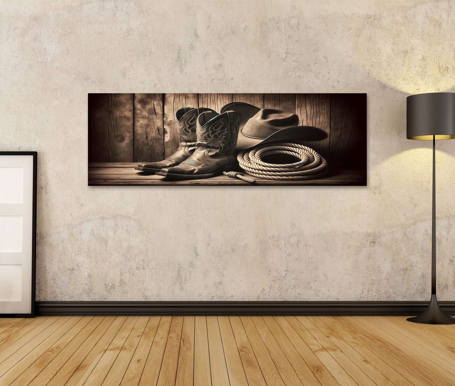 islandburner Leinwandbild Cowboy-Nostalgie: SepIn a-Töne von Stiefeln Hut u günstig online kaufen