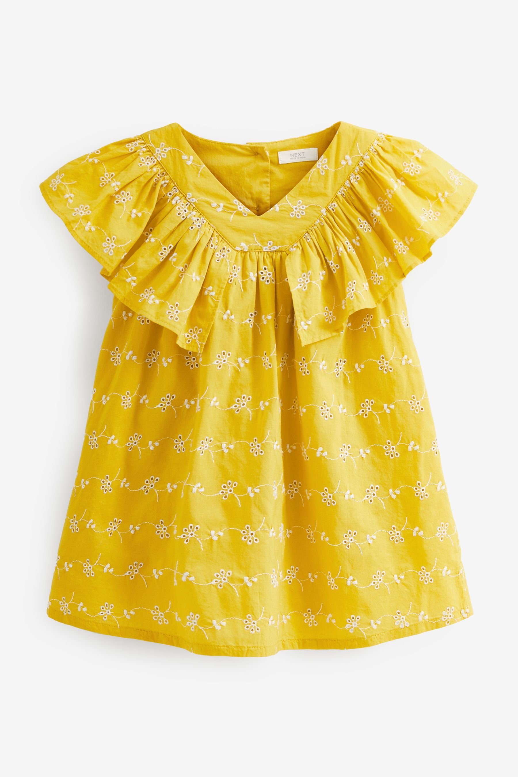 Next Sommerkleid Rüschenkleid aus Baumwolle (1-tlg) Yellow Broderie