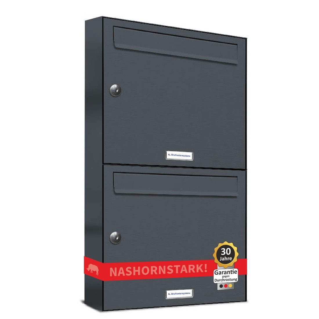 AL Briefkastensysteme Wandbriefkasten 2 Fach Premium Briefkasten A4 in RAL 7016 Anthrazit Grau wetterfest