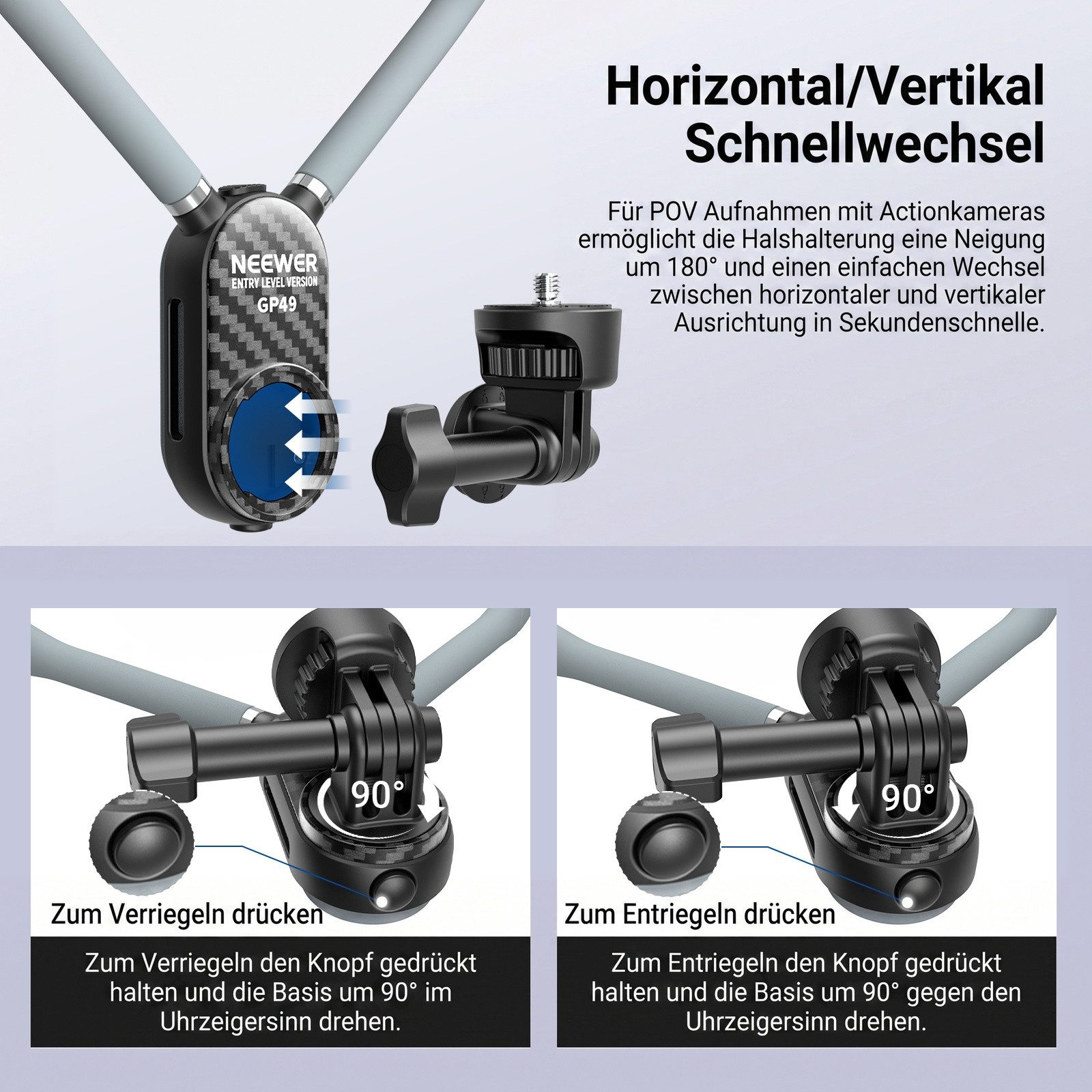 Neewer Action Cam-Halterung Hals Halterung Kompatibel mit GoPro DJI Insta 360 Action Cam, (Packung, Schnellverschluss Nackenhalterung mit Luftpolster)