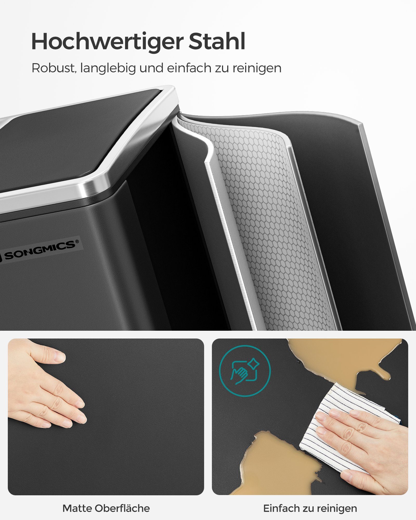 SONGMICS Mülleimer 2 Fächer, Mülltrennsystem, Treteimer, Abfalleimer Küche, 15 Müllsäcke, 2 x 15 L, Inneneimer aus Kunststoff, Klappdeckel, Softclose, luftdicht