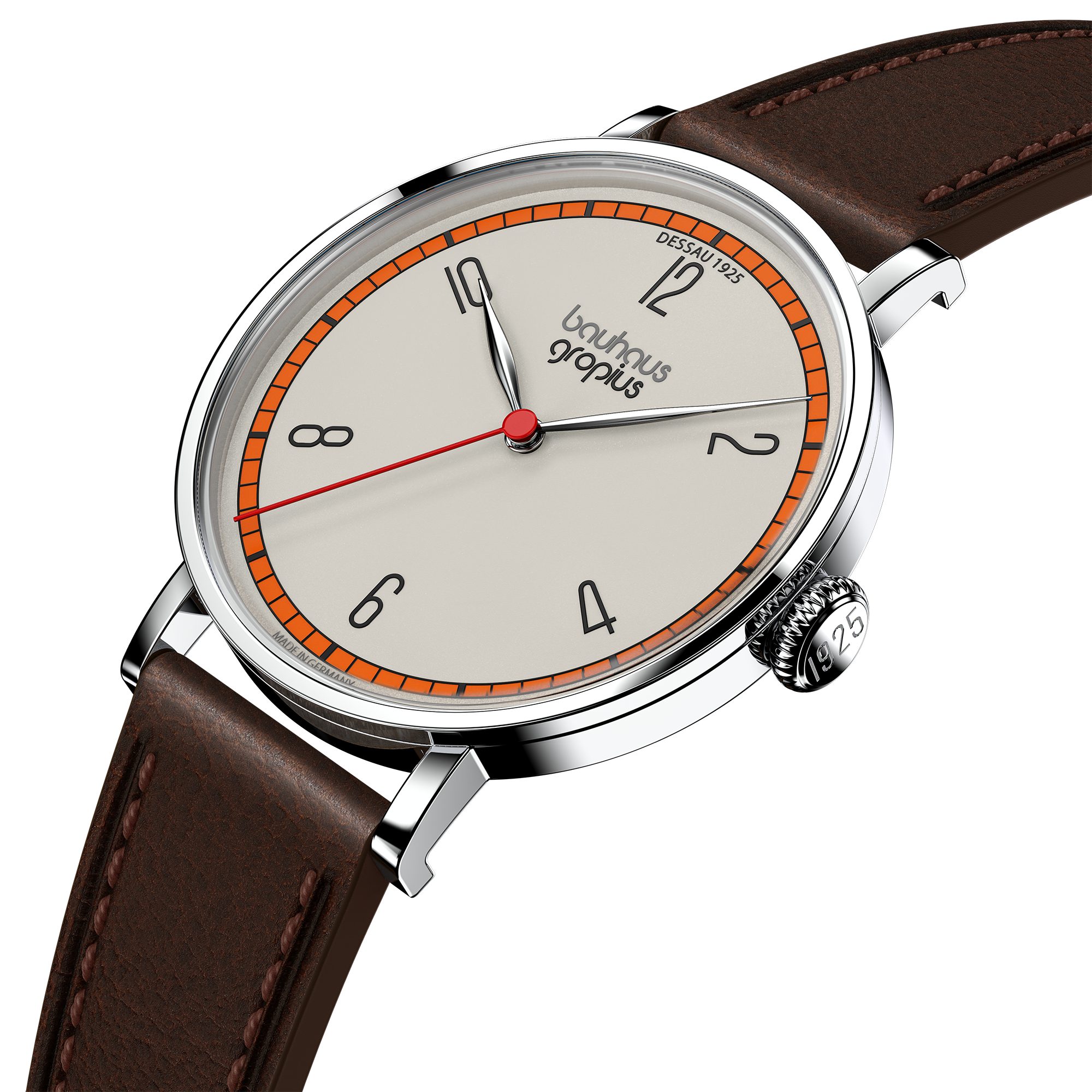 Walter Gropius Quarzuhr Made in Germany, Damenuhr, Herrenuhr, Unisex, Saphirglas - WGN 004-02, Armbanduhr, Lederarmband, Edelstahlgehäuse, New Bauhaus Dessau 1925