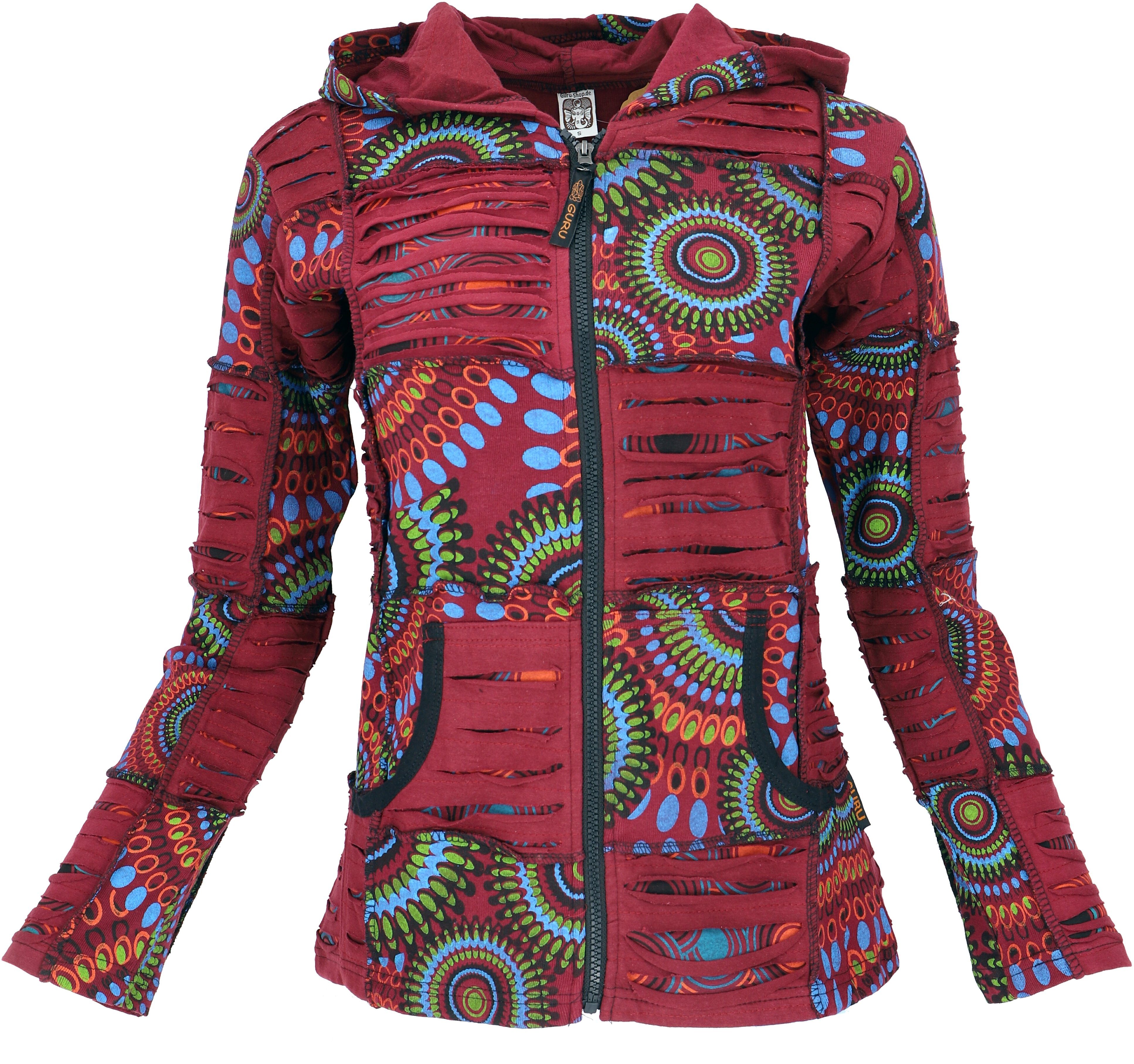 Guru-Shop Langjacke weinrot/blau Jacke, Boho Bekleidung Goa alternative Kapuzenjacke, Ethno.. Patchwork