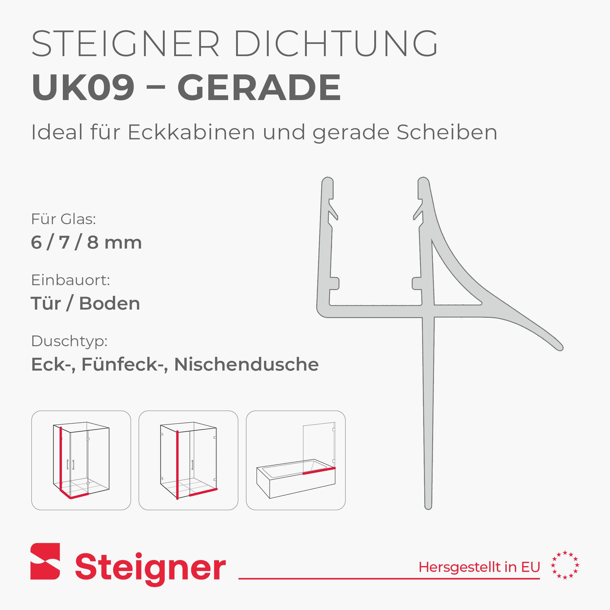 STEIGNER Duschdichtung Duschtürdichtung gerade 30cm UK09 (1 Stk) Transparent 6-8 mm, L: 30 cm, (1 Stück Packung, Einzeldichtung), Dichtung für Eckdusche, Nische – Bild 2 von 5