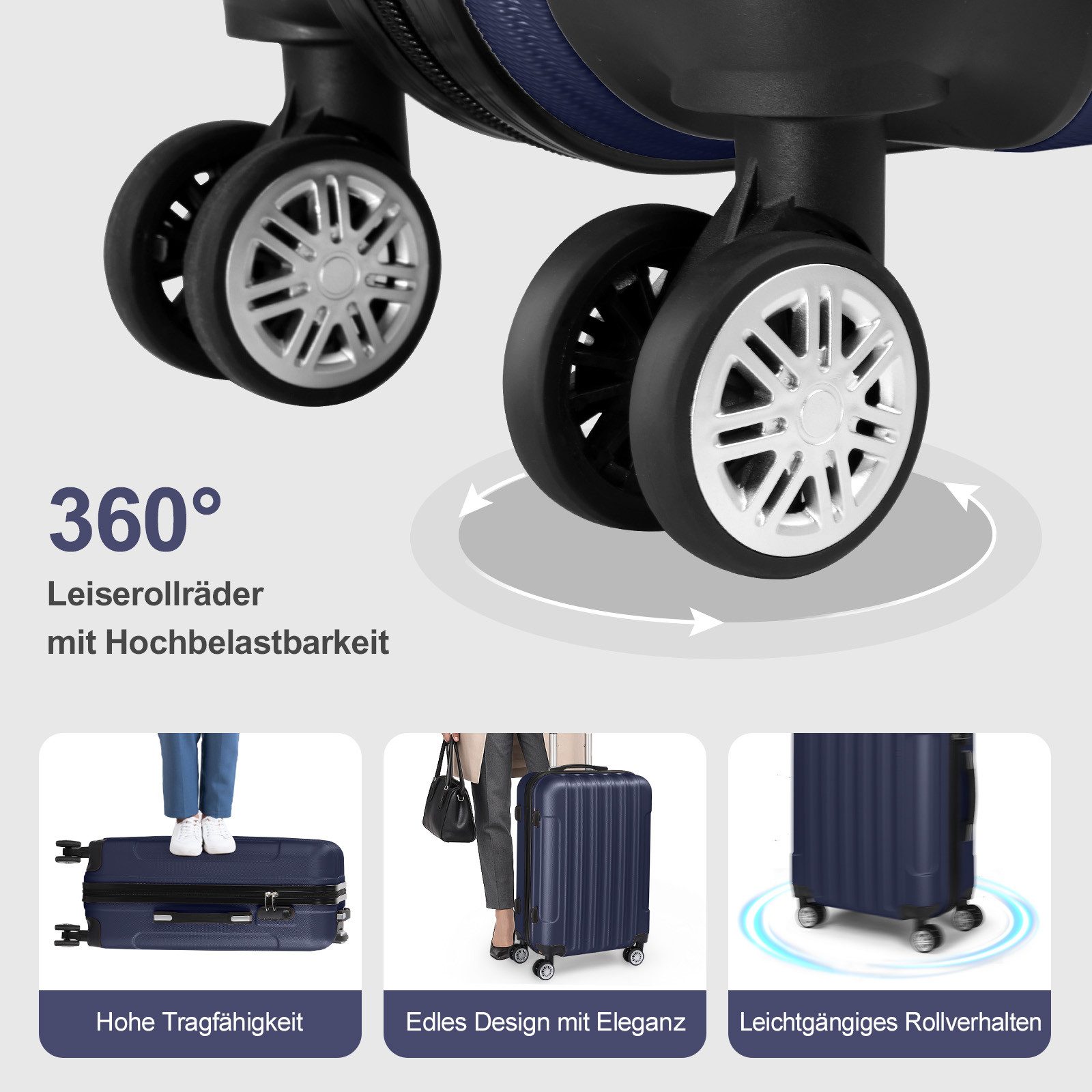 LALAHO Trolley Kofferset Hartschale Reisekoffer, 360° Rollen, 4 Rollen, 5er Set Handgepäck, Koffer, mit Kosmetikkoffer, Schwarzblau – Bild 5 von 5