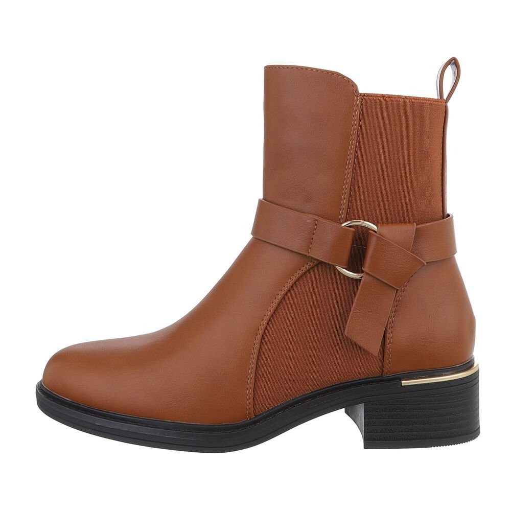 Ital-Design Damen Freizeit Stiefelette Blockabsatz Klassische Stiefeletten in Camel