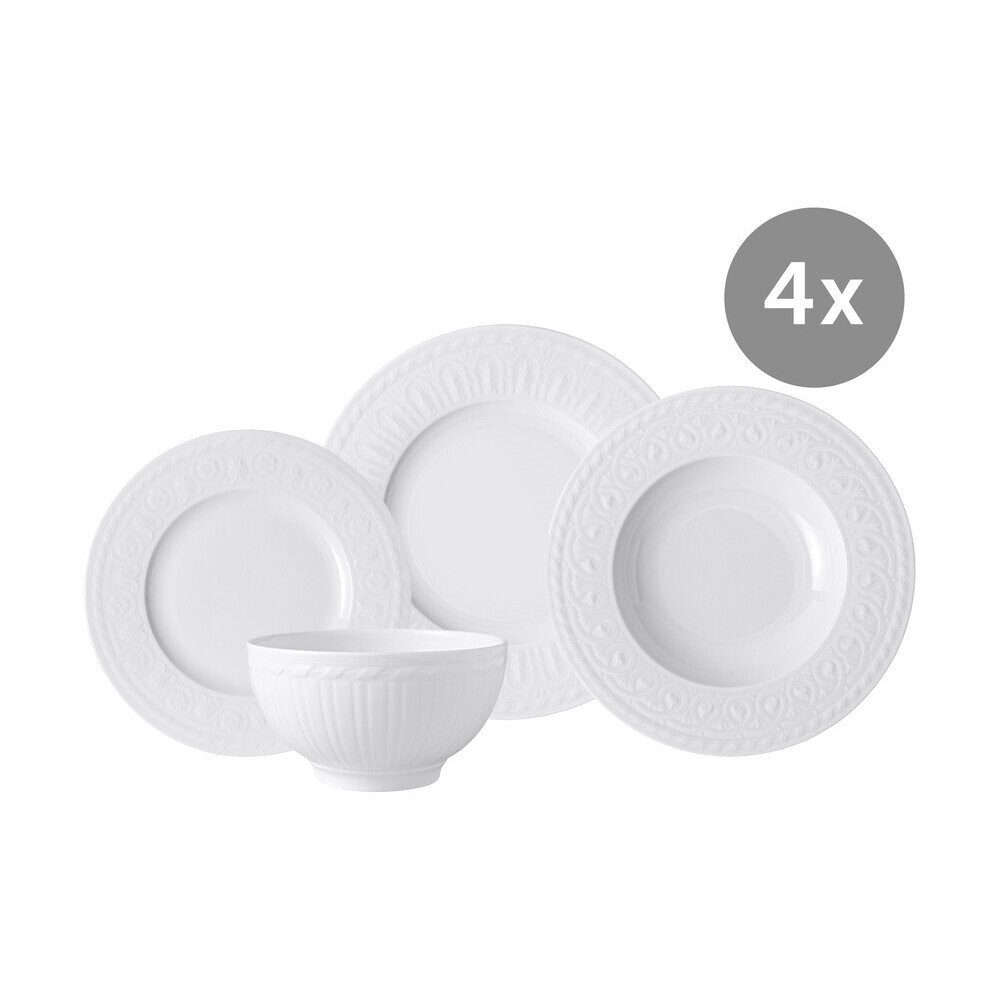 Villeroy & Boch Pastateller Set Cellini, Speiseteller, Frühstücksteller, Pastateller, Bowl 16-tlg., 16-teiliges Frühstücksset, Geschirrset, für 4 Personen, Ø15cm, weiß