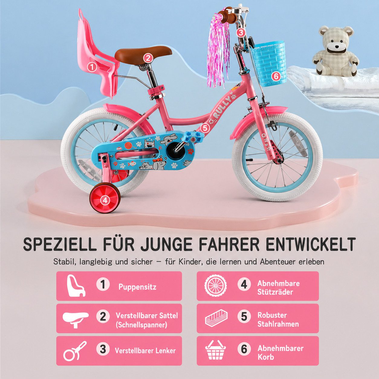 RULLY Kinderfahrrad Kinderfahrrad Mädchen 12/14/16 Zoll für 2–7 Jahre, 1 Gang, Mit Korb, Puppensitz, Stützrädern, Schutzblech & Klingel