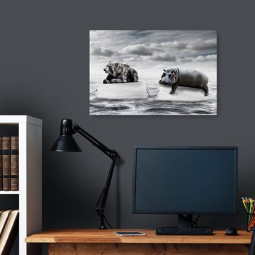 wandmotiv24 Leinwandbild Bär & Nilpferd auf Eis, Meer, Klima, Tiere (1 St), Wandbild, Wanddeko, Leinwandbilder in versch. Größen