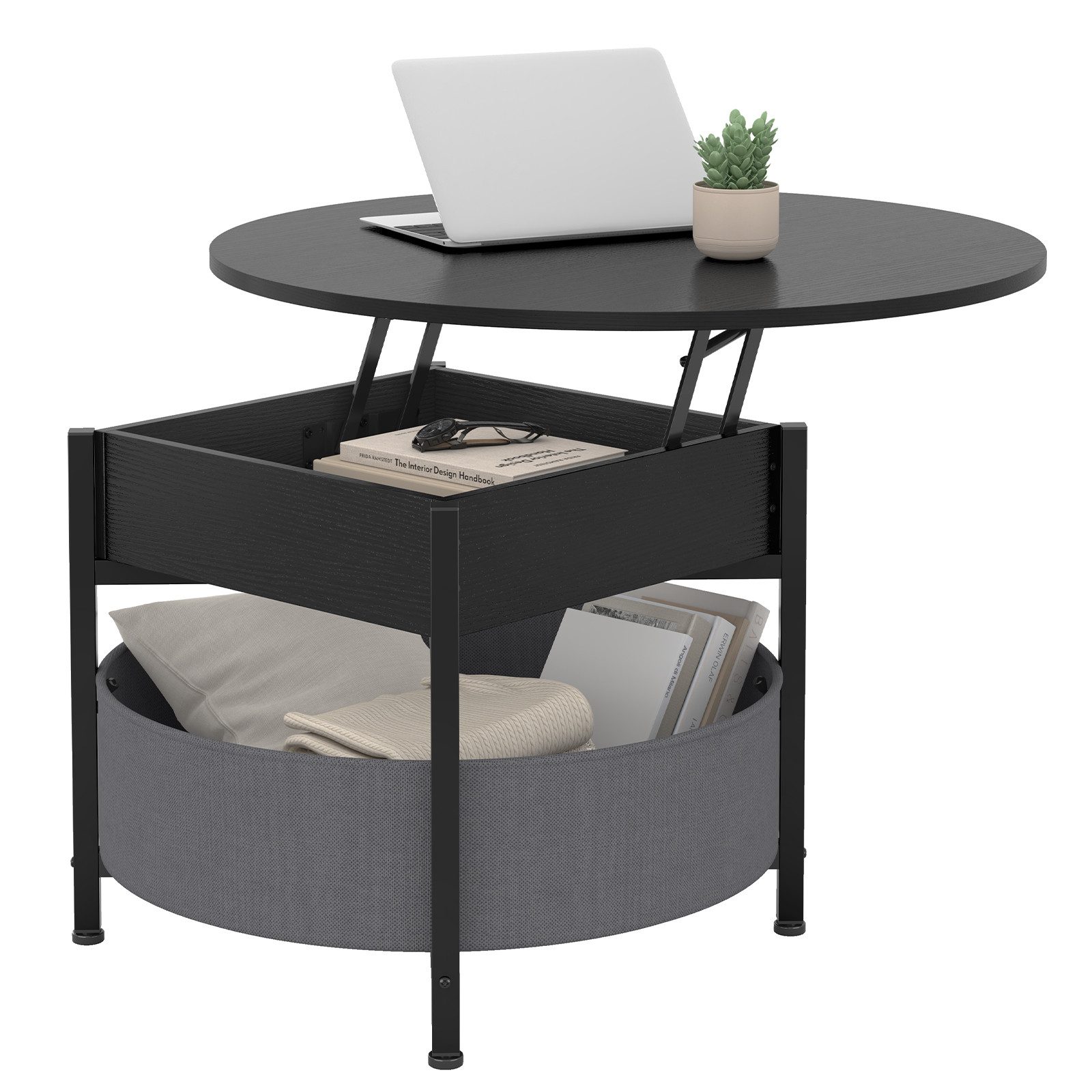 MSMASK Couchtisch Wohnzimmertisch mit Korb aus Stoff, höhenverstellbar (1-St), Rundes Lift-Top-Couchtisch, Beistelltisch, Kaffeetisch, 70x70x50 cm