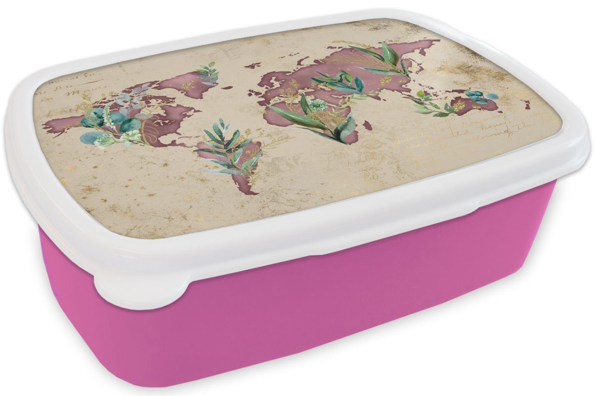 Kunststoff Snackbox, (2-tlg), Brotdose Erwachsene, - rosa Weltkarte Papyrus - Kunststoff, für Mädchen, Brotbox MuchoWow Retro, Lunchbox Kinder,