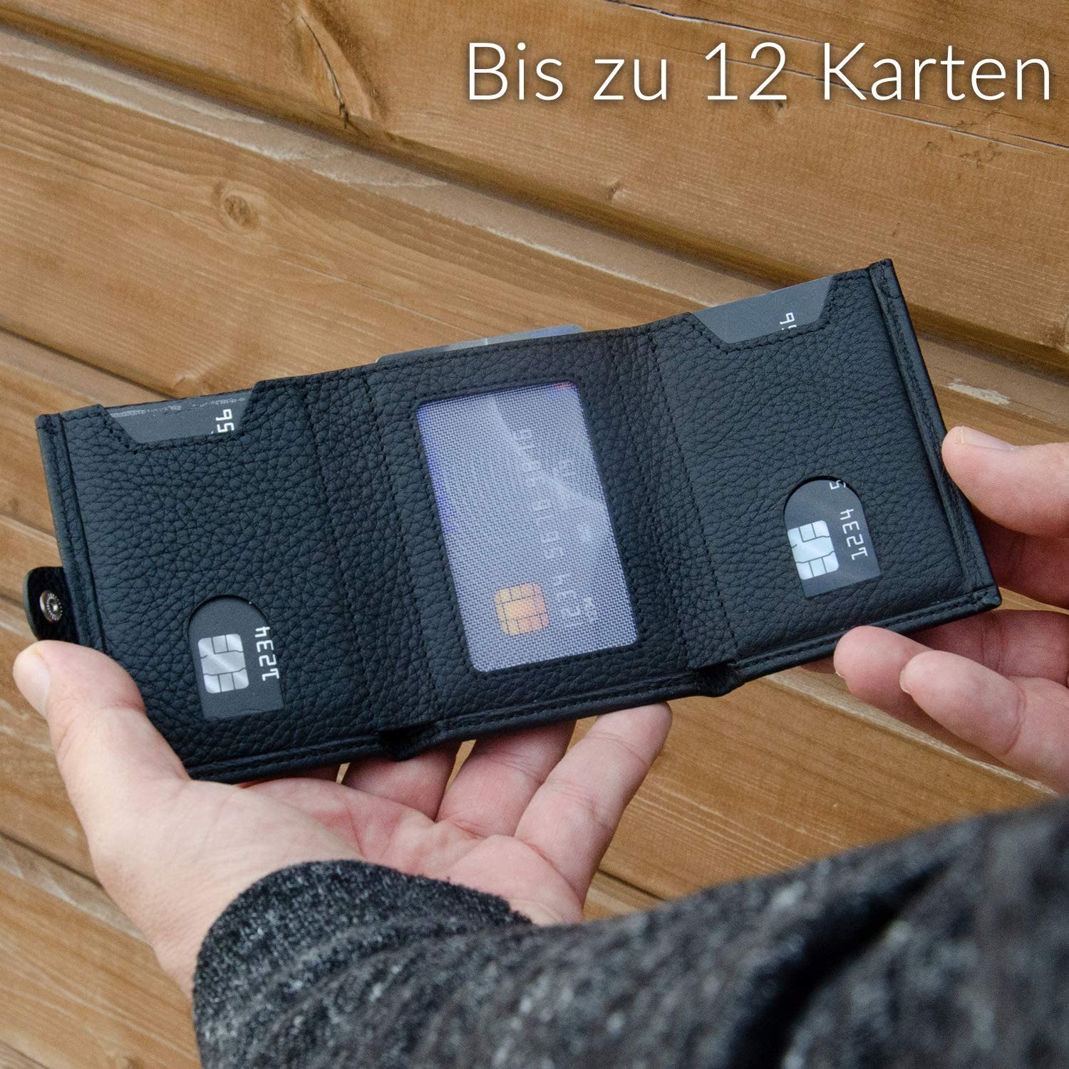 Solo Pelle Mini Geldbörse Wallet Design RFID echt elegantem Riva Schutz [12 Karten] Made Europe in [RFID-Schutz], mit Leder, Slim mit Schwarz Slimwallet in Münzfach