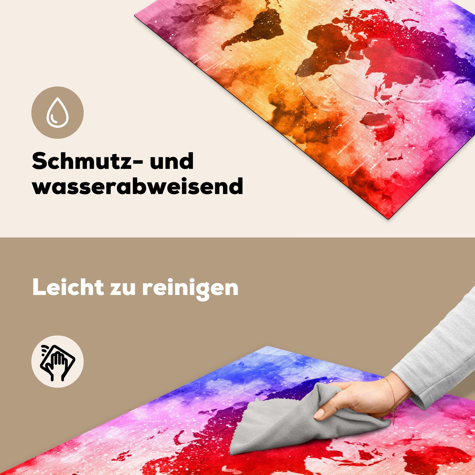 - Ceranfeldabdeckung 81x52 Weltkarte (1 MuchoWow für Farben, cm, tlg), Schutz küche, - Induktionskochfeld Herdblende-/Abdeckplatte die Vinyl, Farbe