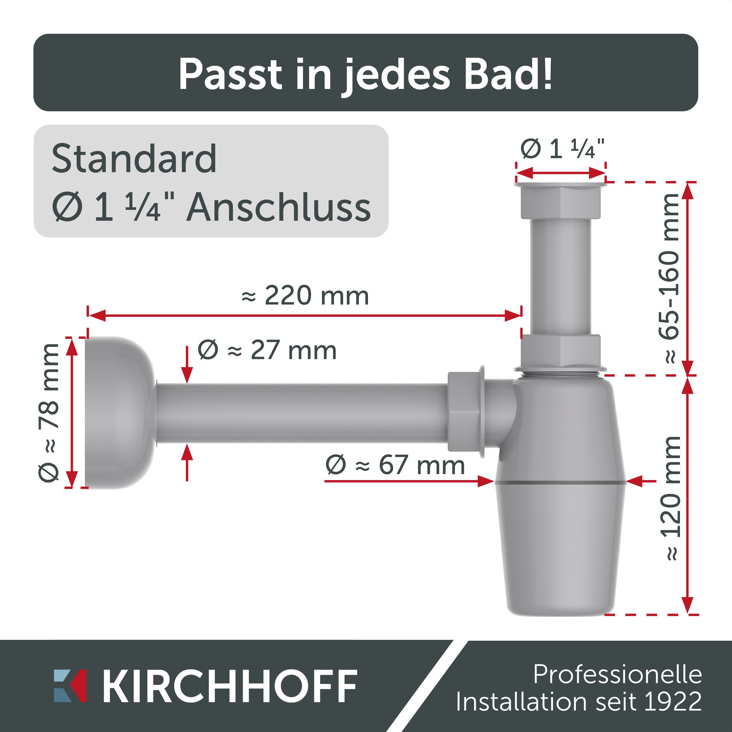 Kirchhoff Siphon ECO-SAVE, Flaschensiphon, Grau, 1 1/4" x 32 mm