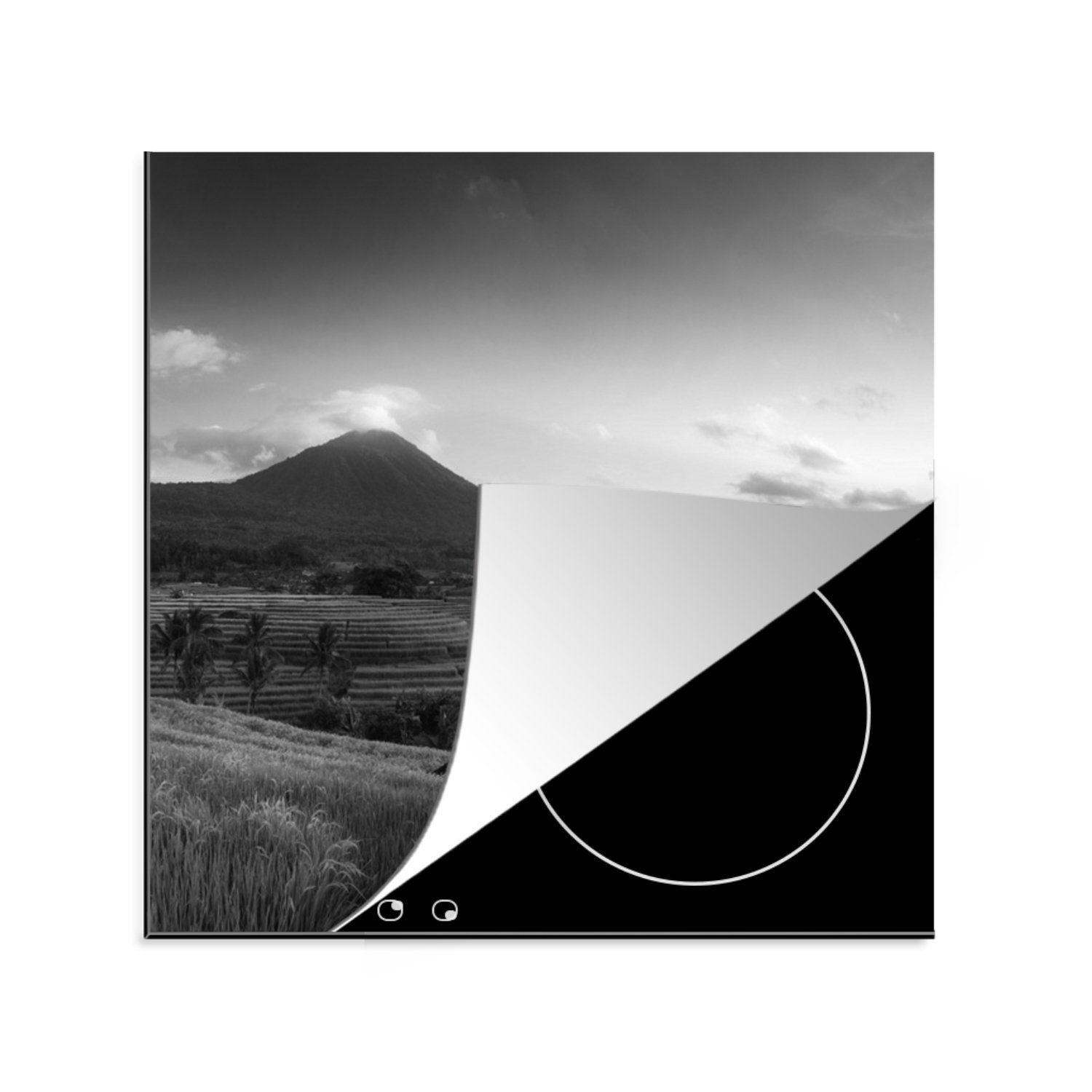 MuchoWow Herdblende-/Abdeckplatte Indonesien - Reisfeld - Schwarz - Weiß, Vinyl, (1 tlg), 78x78 cm, Ceranfeldabdeckung, Arbeitsplatte für küche | Herdabdeckplatten