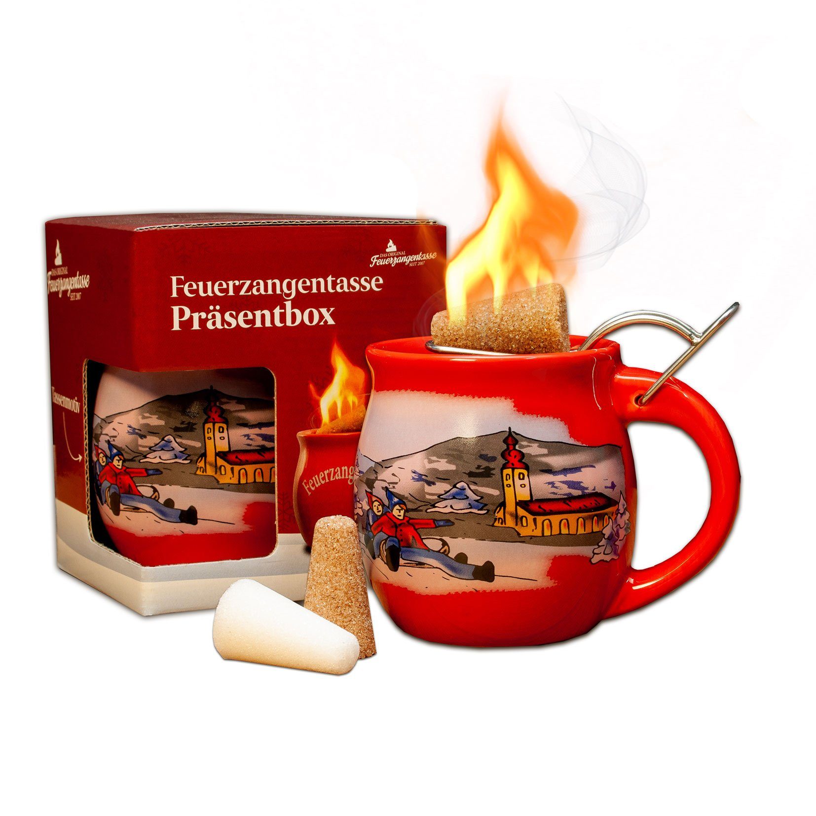 Feuerzangentasse Bowle-Set Feuerzangentasse 1er-Set (Feuerzangenbowle Set, 5-tlg., 1x Feuerzangentasse, 3x Zimtzuckerhütchen, 1x Rezeptheftchen), hitzebeständige Keramik, Edelstahl-Feuerzange