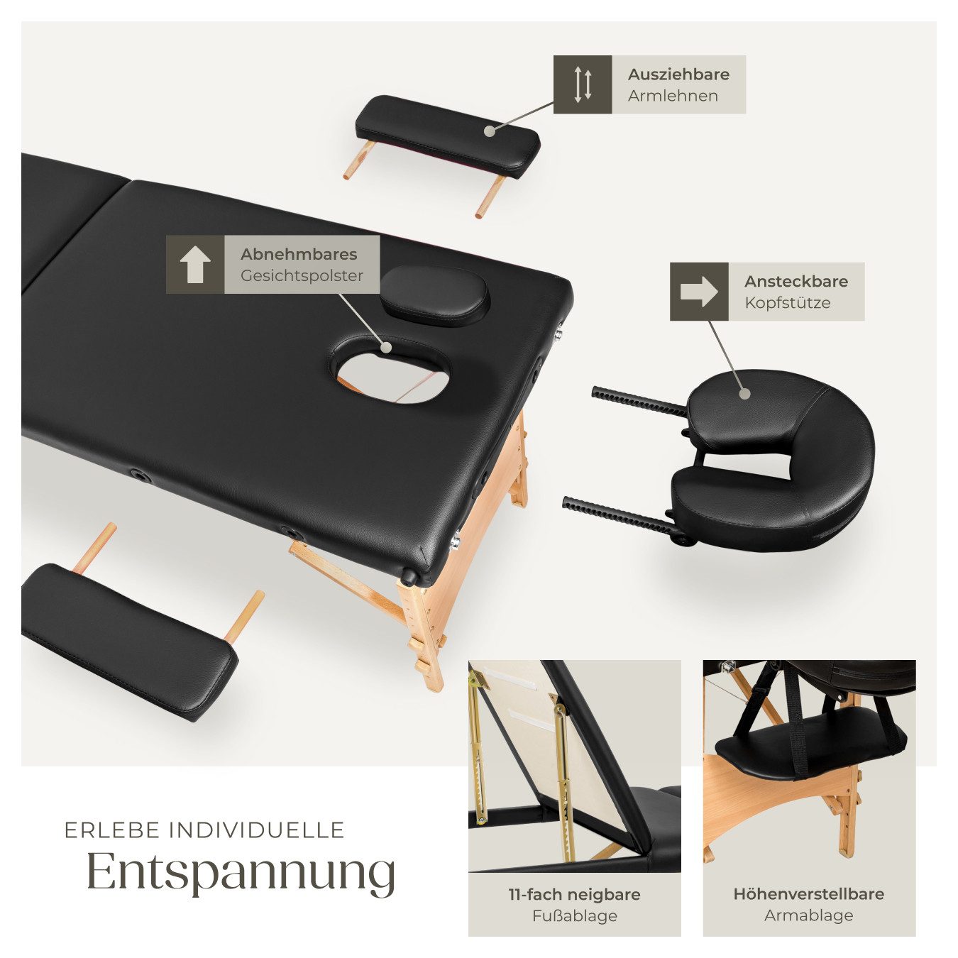 tectake Massageliege Faltbarer Massagetisch mit 3 Zonen, 5 cm Polster, Holzgestell (Set, 1-St., mit Tragetasche), Inkl. Tragetasche, abnehmbare Kopfstütze und Armlehnen