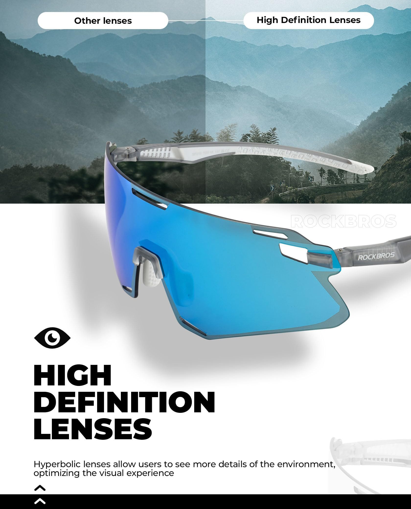 ROCKBROS Fahrradbrille Sportbrille Herren Damen Fahrrad MTB Outdoor TR90 Rahmen, polarisiert, winddicht, ultraleicht, myopie-Rahmen, mehrfarbig