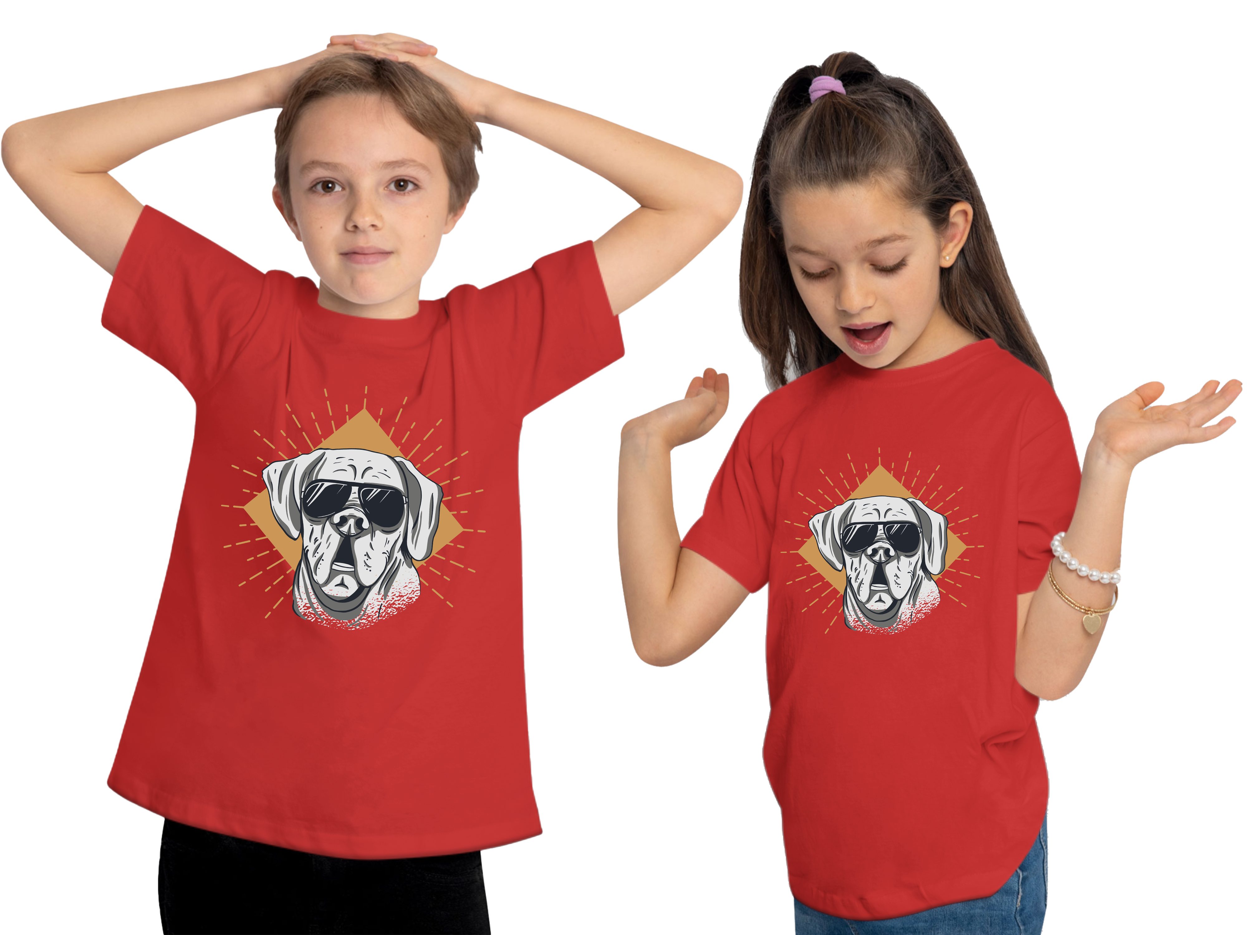 mit Aufdruck, MyDesign24 i224 Kinder mit bedrucktes Print-Shirt Baumwollshirt Cooler Hund - Hunde rot T-Shirt Sonnenbrille