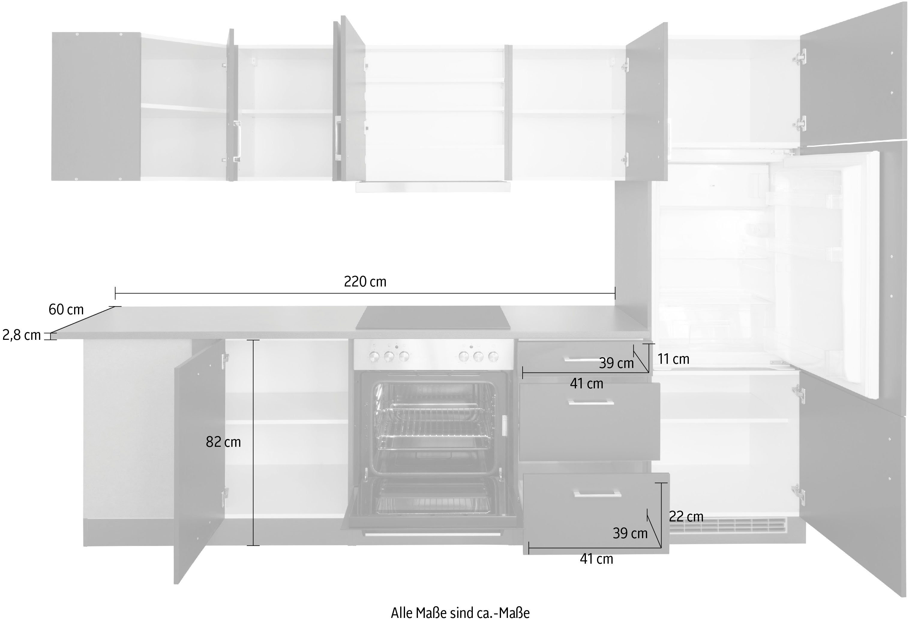 | Stellbreite E-Geräten, cm weiß/grafit Paris, MÖBEL grafit 220/280 Winkelküche HELD mit