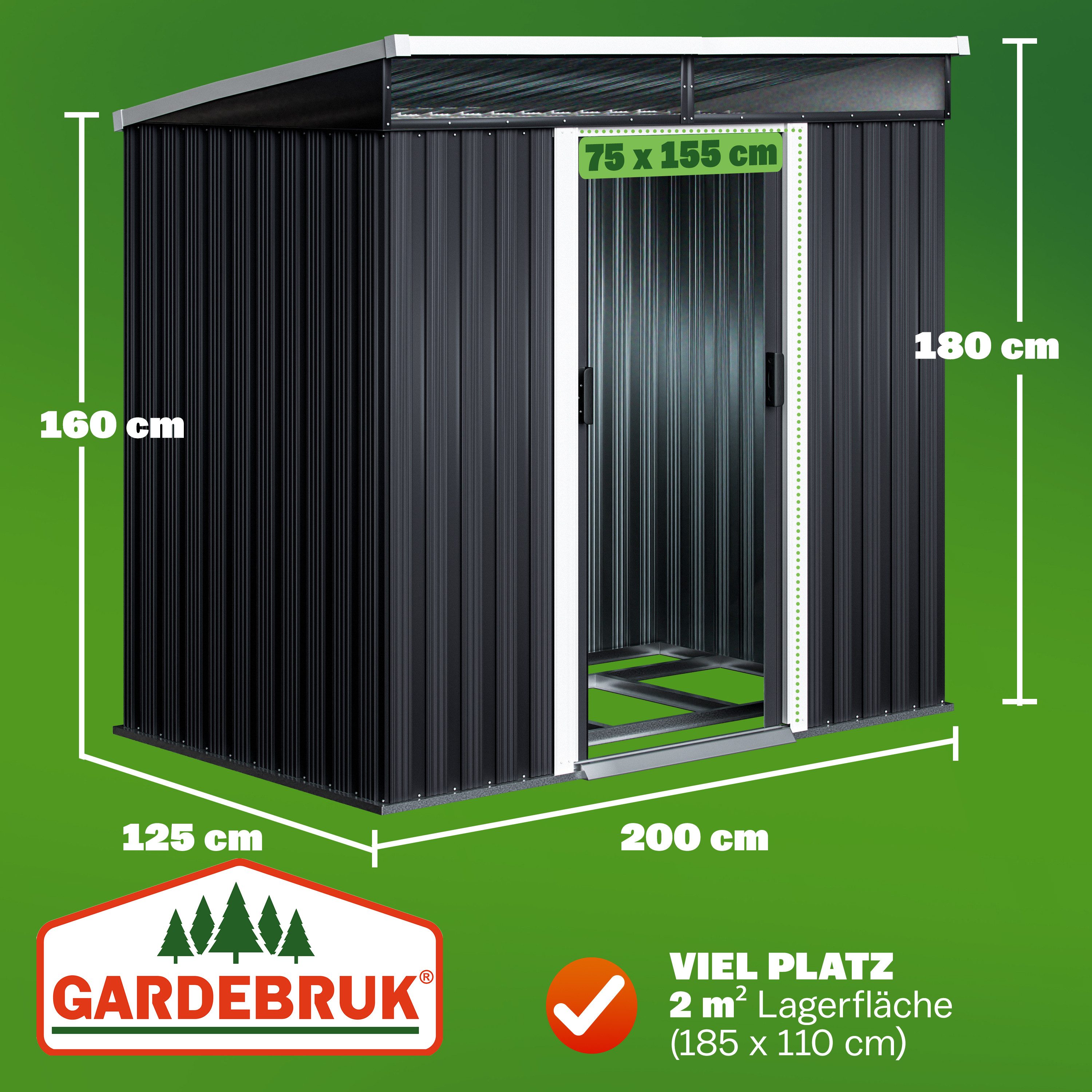 Gardebruk Gerätehaus, BxT: 122x196 cm, L Metall 4m³ mit Fundament 196x122x180cm 2 Fenster Anthrazit