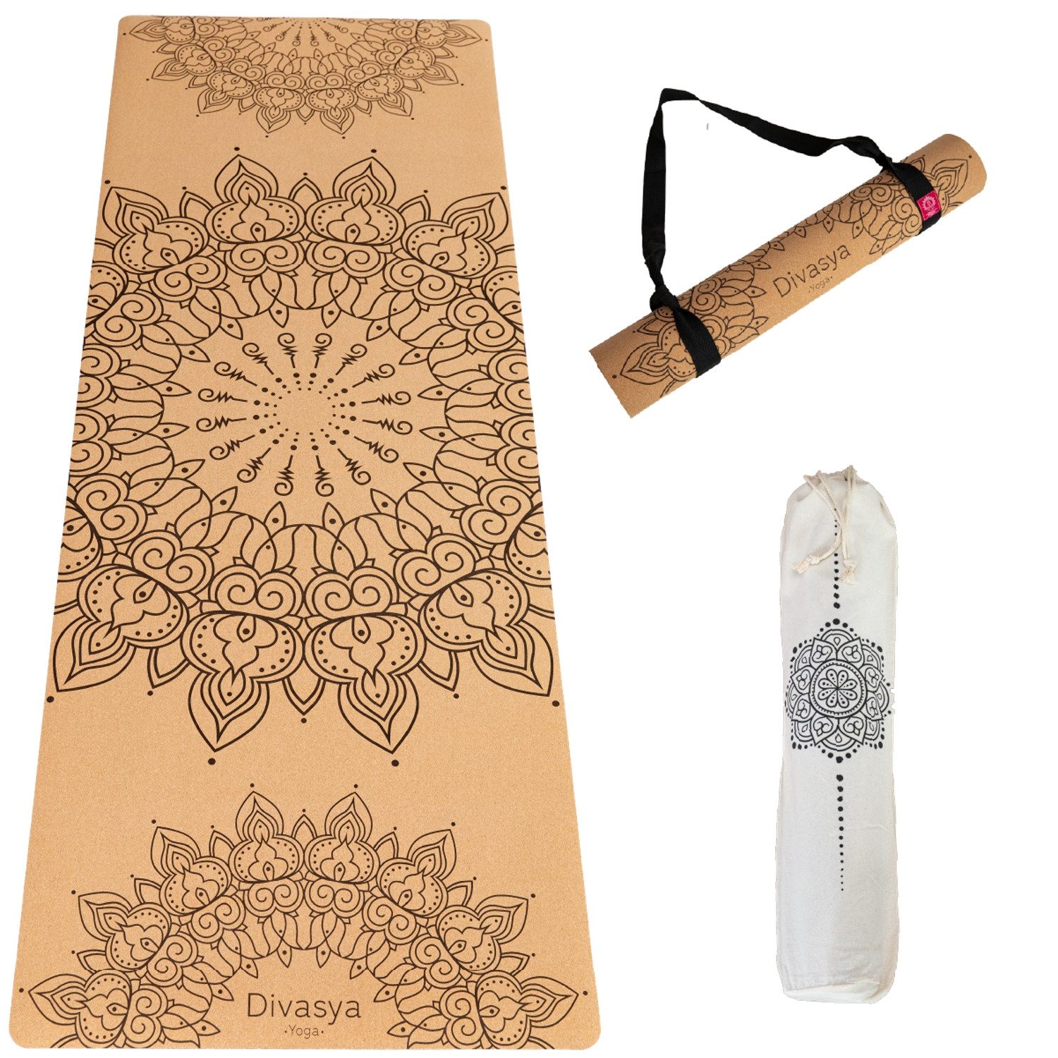 DIVASYA Yogamatte Yogamatte Kork, viele Yoga-Designs, inkl. Hülle & Tragegurt