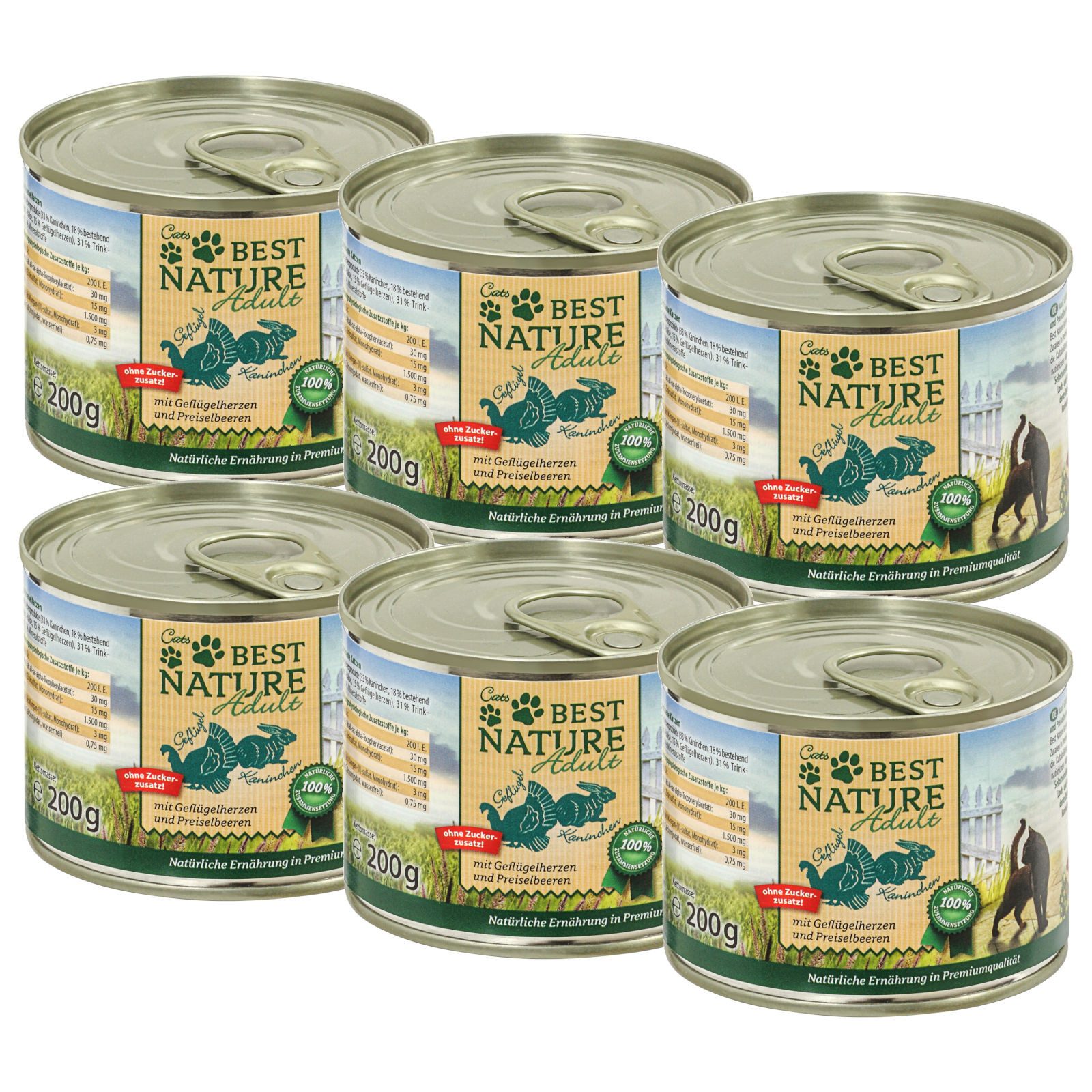 Best Nature Adult Geflügel + Kaninchen, Nassfutter für Katzen, 6x 200g, Alleinfuttermittel für: Katzen