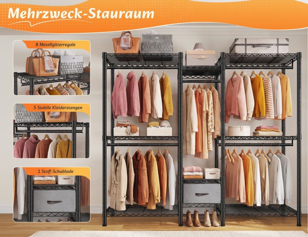 Klyvvo Kleiderständer 550 KG Traglast Schwerlast Offener Kleiderschrank für Mäntel, Jacken, (1 St., mit 8 Höhenverstellbaren Regalböden, 5 Kleiderstangen & 1 Sc – Bild 4 von 5