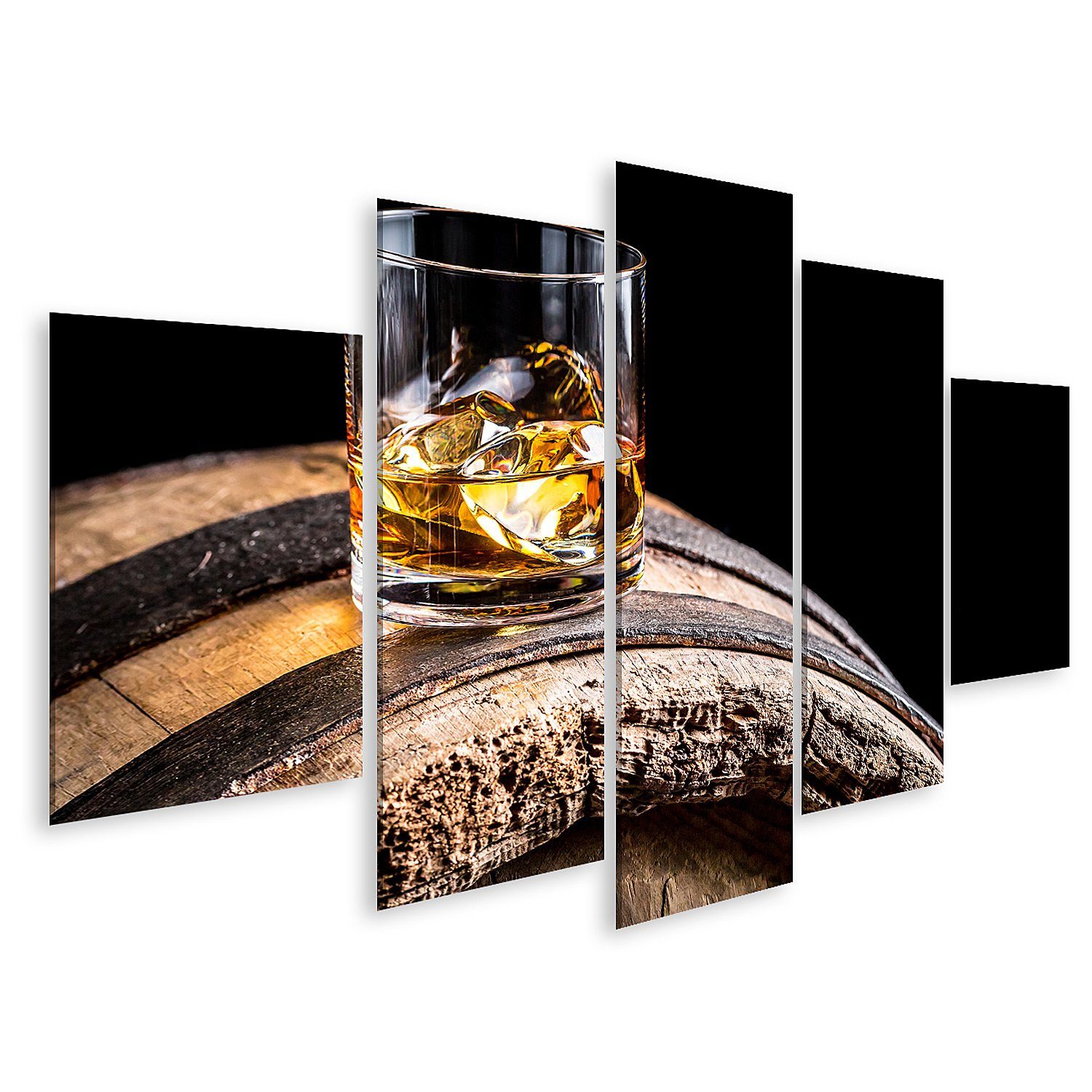Leinwandbild Bild auf Leinwand Ein Glas Whisky mit Eis auf einem alten Holzfass Wan