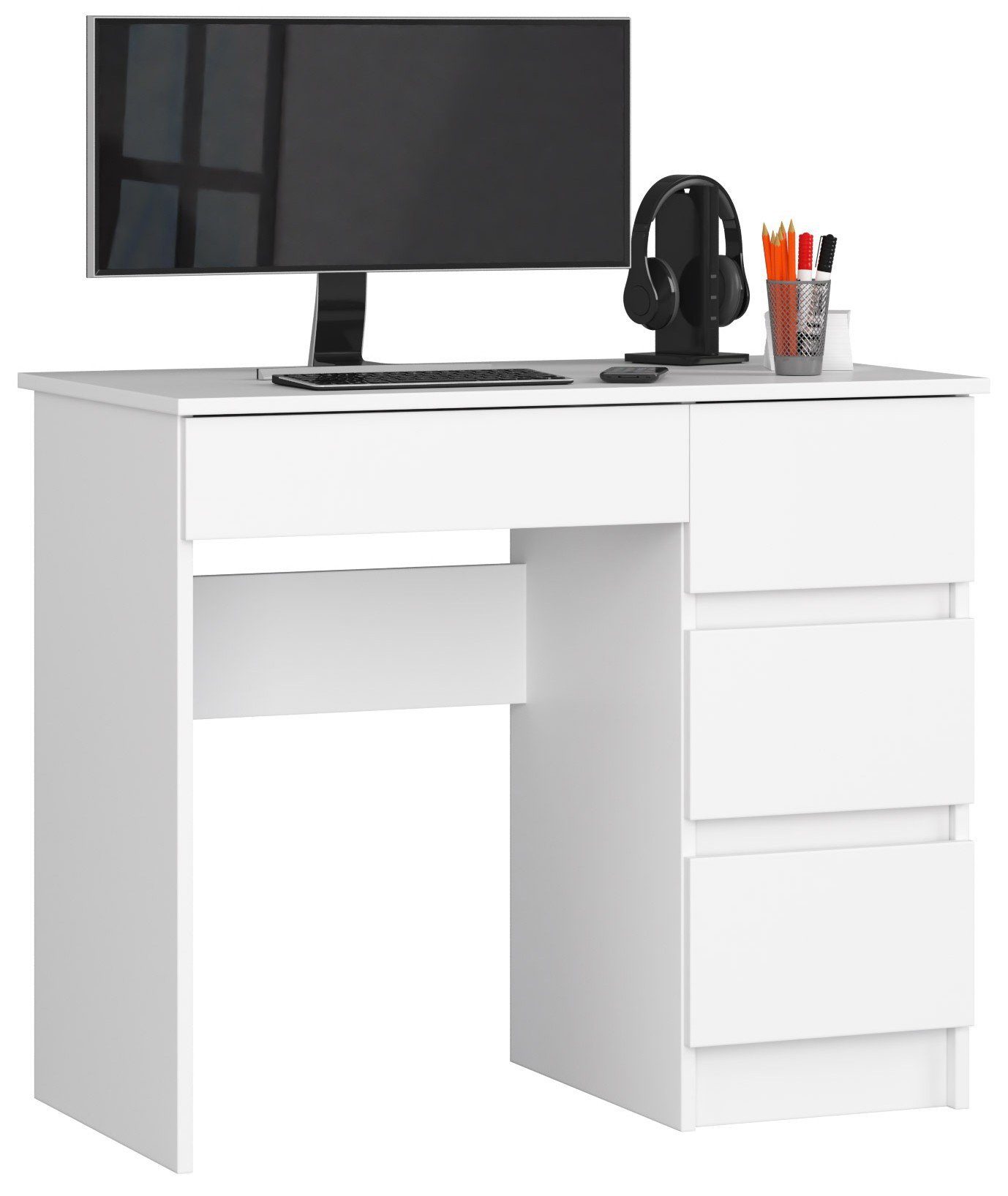 Home Collective Computertisch Schreibtisch Bürotisch Gaming Tisch mit ausziehbarer Tastaturablage, mit 4 Schubladen rechts, 90 x 50 x 77 cm, weiß