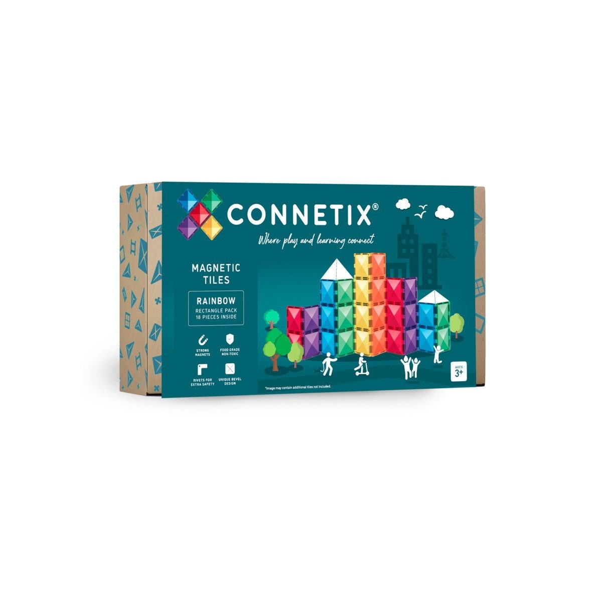 Connetix Rainbow Rectangle Pack verstärkte Magnete pädagogisches Lernspiel Magnetspielbausteine, (Open Play, 18 Teile), ab 3 Jahren