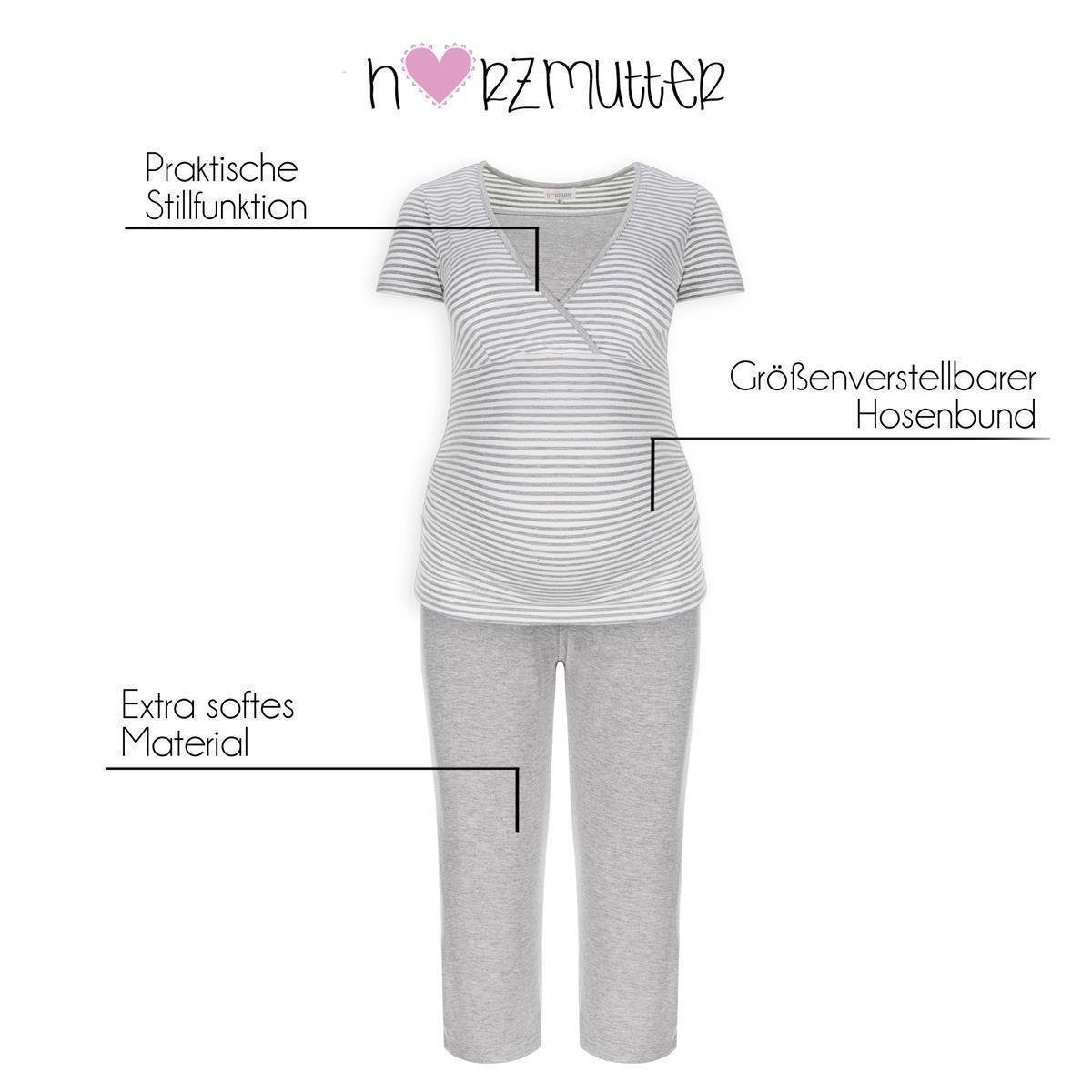 Herzmutter Umstandspyjama Stillpyjama Kurz Gestreift - Weich - (2 tlg) Stillmode - Weiß/Grau
