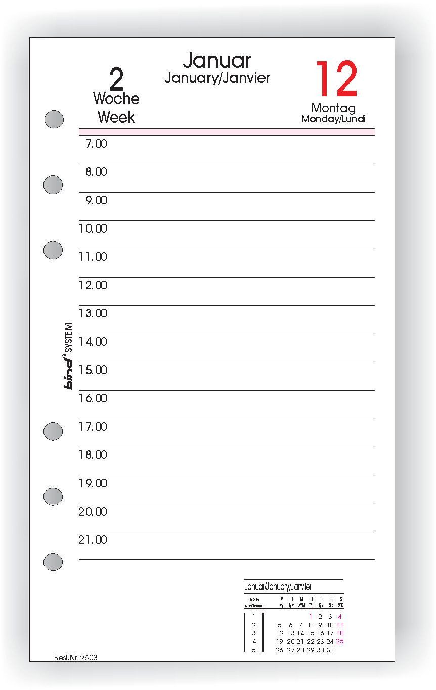 BIND Terminkalender bind® 260326 Ersatzkalendarium Tagesplan - A6, 1 Tag / 1 Seite