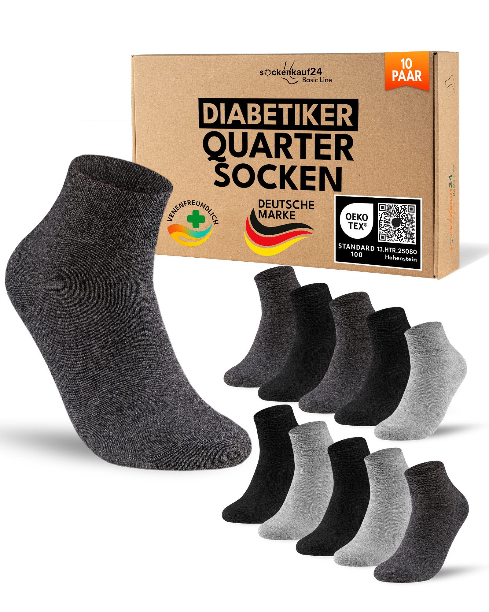 sockenkauf24 Diabetikersocken kurz ohne Gummibund & ohne Naht Quarter Diabetiker Socken Baumwolle (Set, 10-Paar) Diabetiker Socken mit Komfortbund ohne Gummi für Damen & Herren