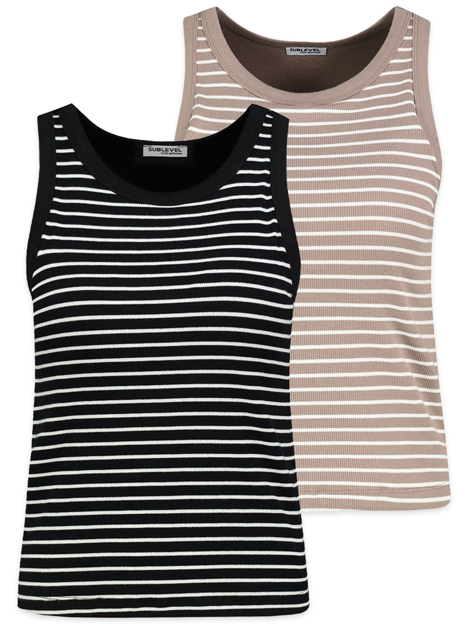 SUBLEVEL Shirttop Streifen Rippstruktur 2er-Set Rundhalsausschnitt Basic für Damen (2-tlg) Baumwolle Normal Fit Rundhals Ärmellos Gestreift