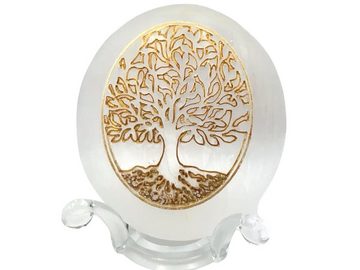 Steinfixx® Dekoobjekt Großer Selenit Palmstein mit goldener Lebensbaum Gravur (Baum des Lebens Gold, 1 St., 1 großer Palmstein), Top Selenit Qualität, Handarbeit