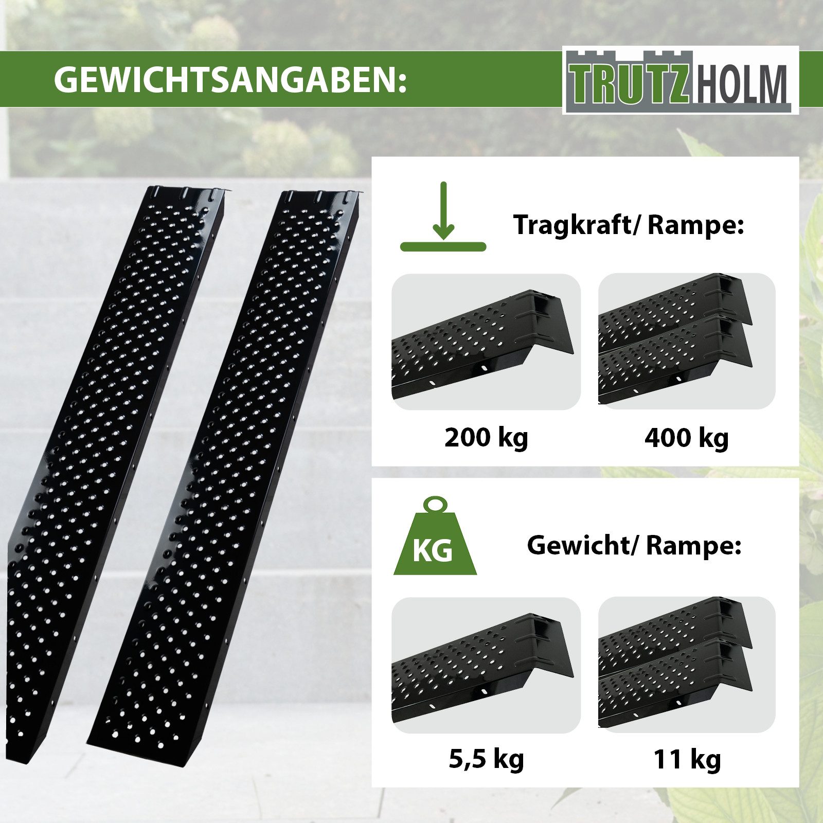 TRUTZHOLM Auffahrrampe Paar 160cm Traglast 400kg Stahl schwarz gebördelt Verladerampe Quads (2-St), pulverlackierter Stahl, massive Bauweise