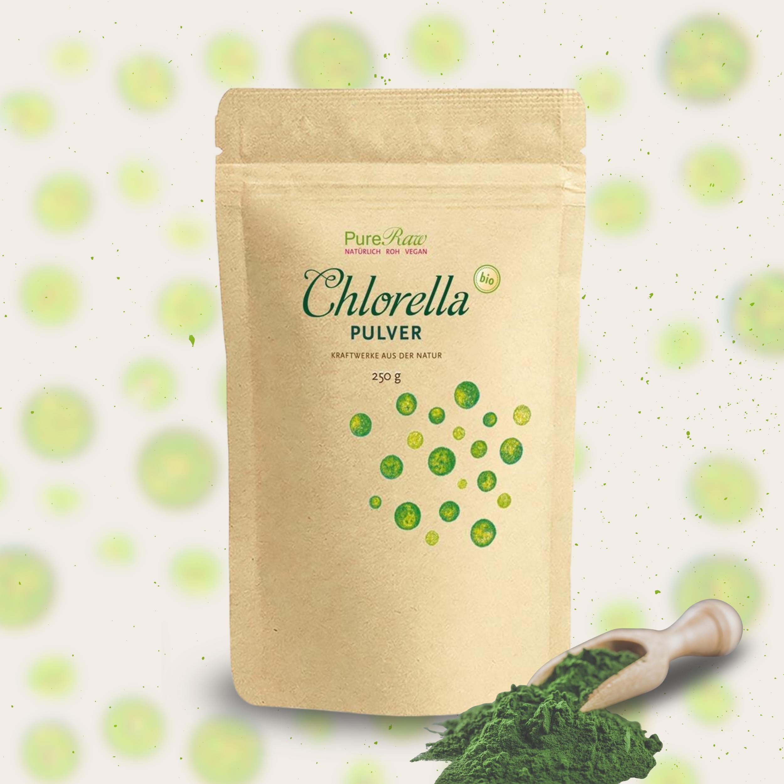 PureRaw Bio Chlorella Pulver – 100 % Chlorella vulgaris, Rohkostqualität Pulver, 250 g
