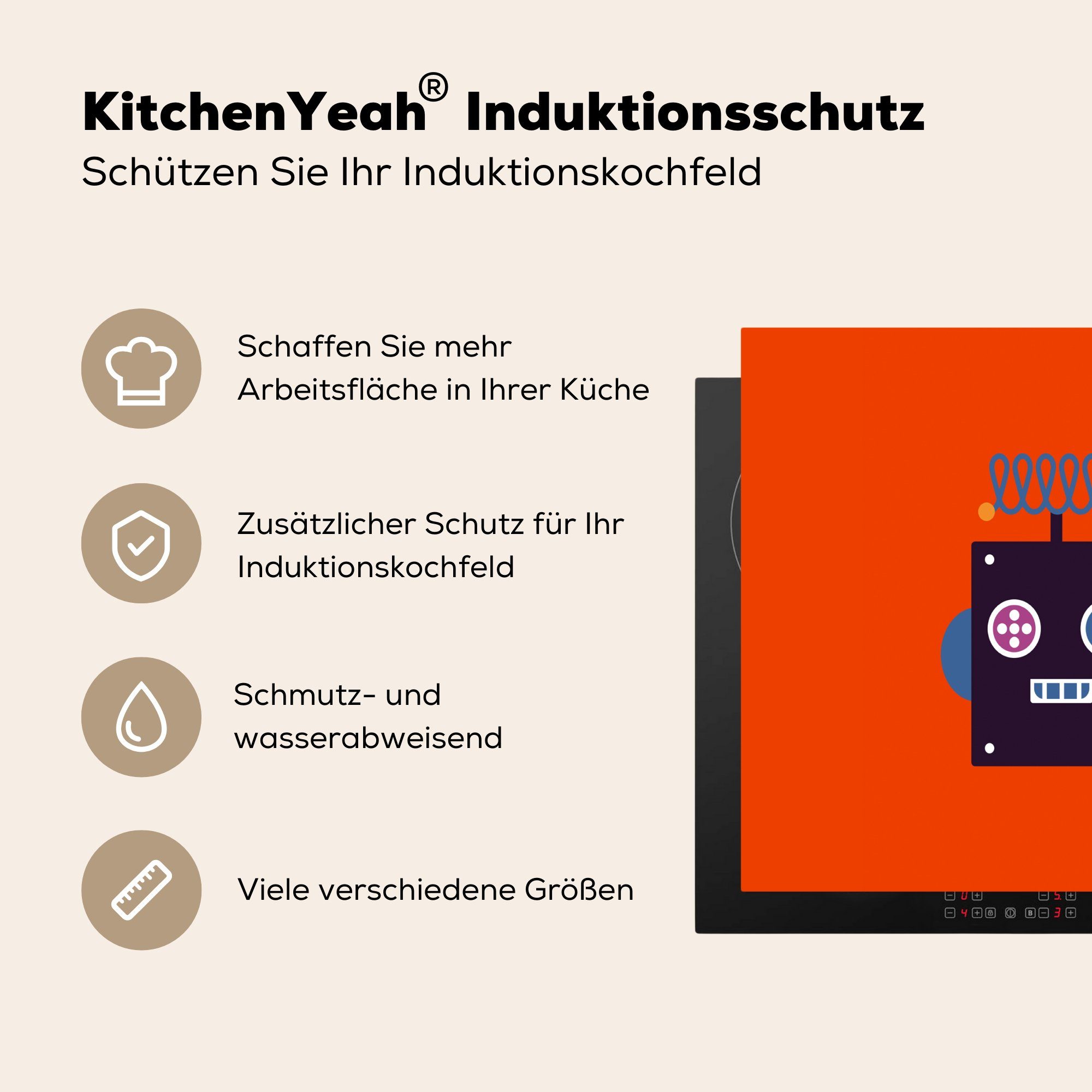 Roboter - (1 - Rot 60x52 Mobile Kinder, Gesicht Formen cm, Jungen - tlg), Ceranfeldabdeckung Arbeitsfläche nutzbar, - - Herdblende-/Abdeckplatte Vinyl, MuchoWow