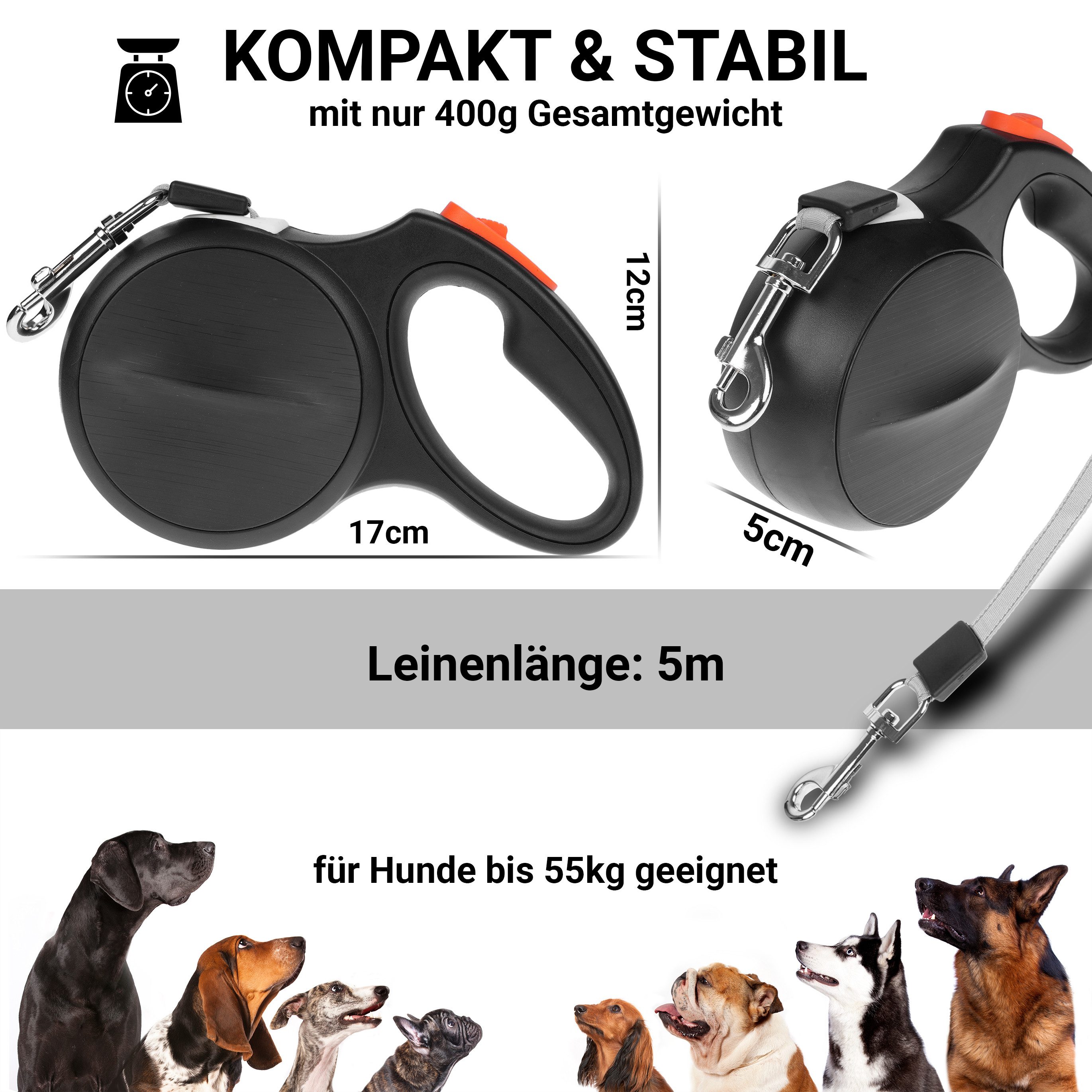 FinoPet Hundeleine große Hunde und mittelgroße bis 55 KG, 5m Leine, Rollleine, Laufleine, (1-tlg), Leine Hund ausziehbar und neuartiges automatisches Bremssystem