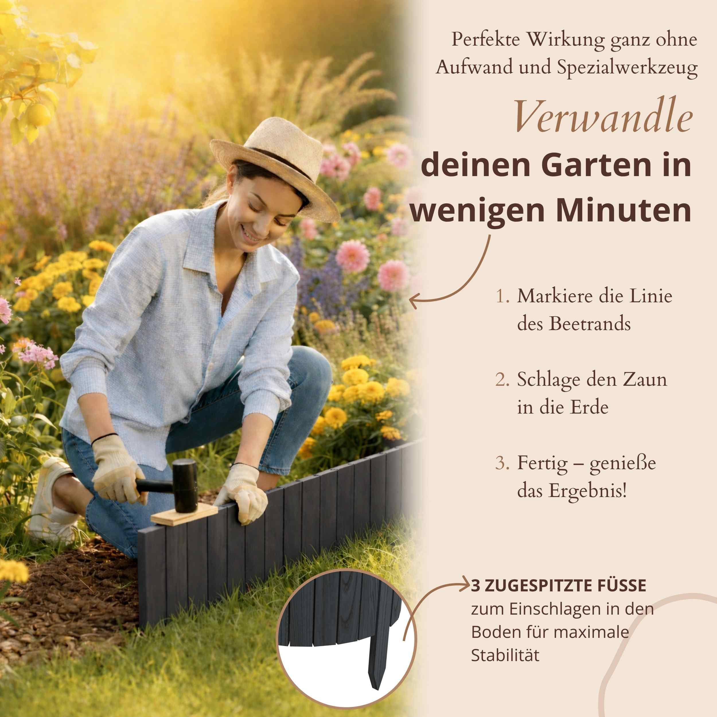 Floranica Beetbegrenzung Flexible Beeteinfassung Rollborder Beetumrandung Rasenkante Holzzaun, LxH: 100x10 cm, 1 Stk., Anthrazit, für Garten, Rindenmulch, Hochb – Bild 5 von 5