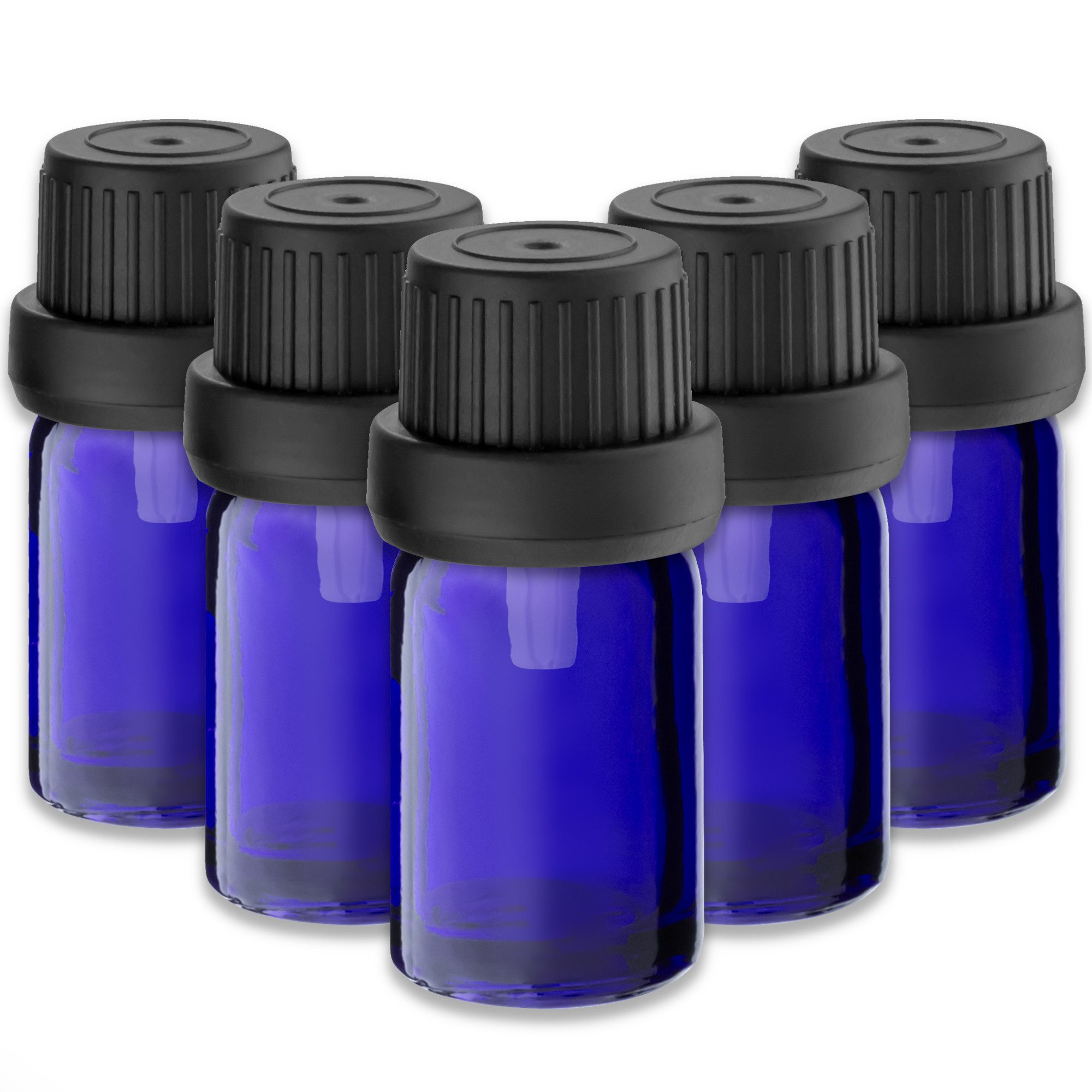 CK Verpackung GmbH Tropfer 5x Blaue Glasflasche 5 ml mit schwarzem Tropfer Tropfeinsatz Medizin