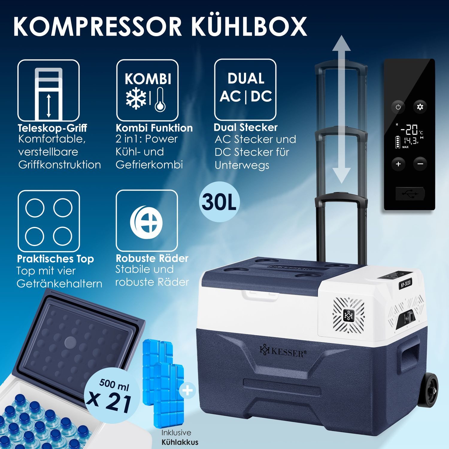 KESSER Kühlbox, 30 l, Kompressor Kühlbox elektrisch Gefrierbox, Mit APP-Steuerung